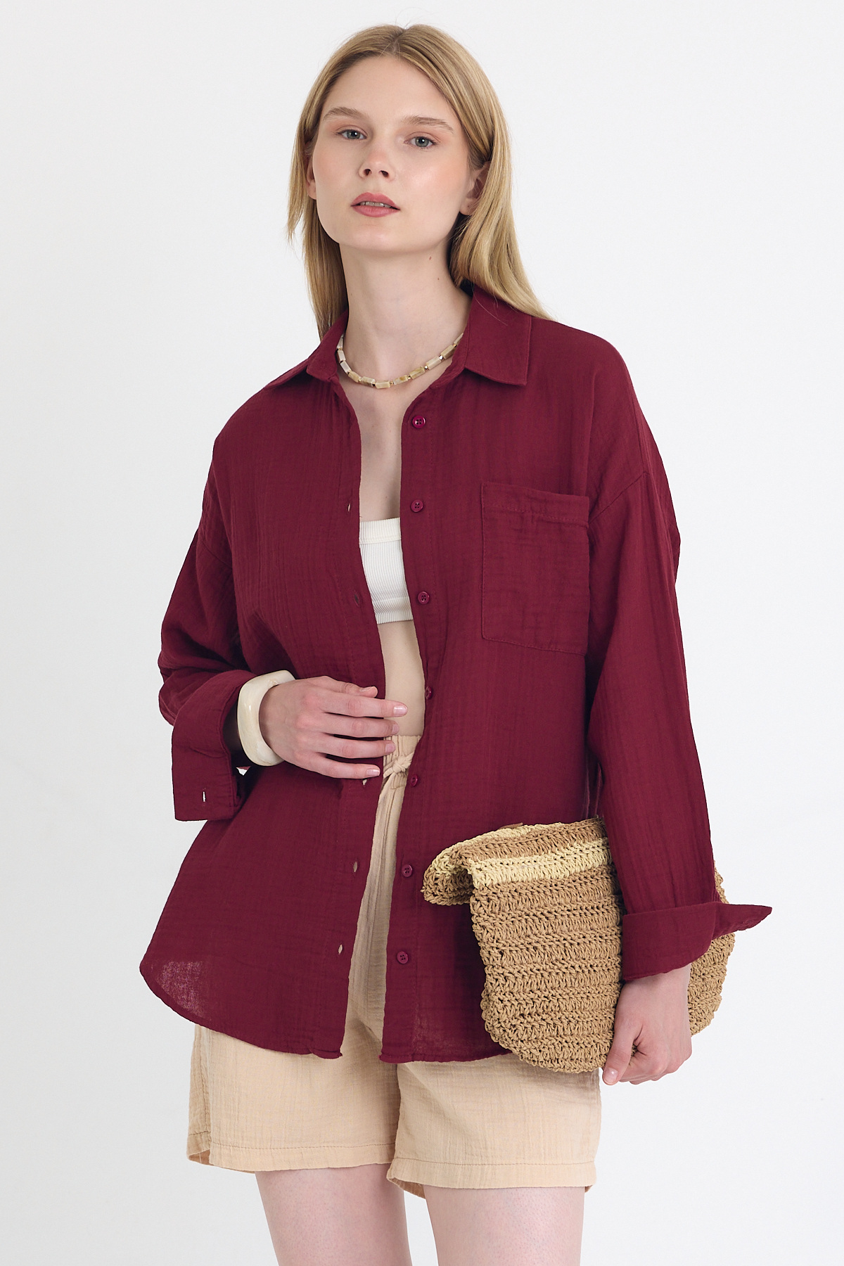 Bordo Tek Cepli %100 Pamuk Oversize Müslin Gömlek 4697A - 7