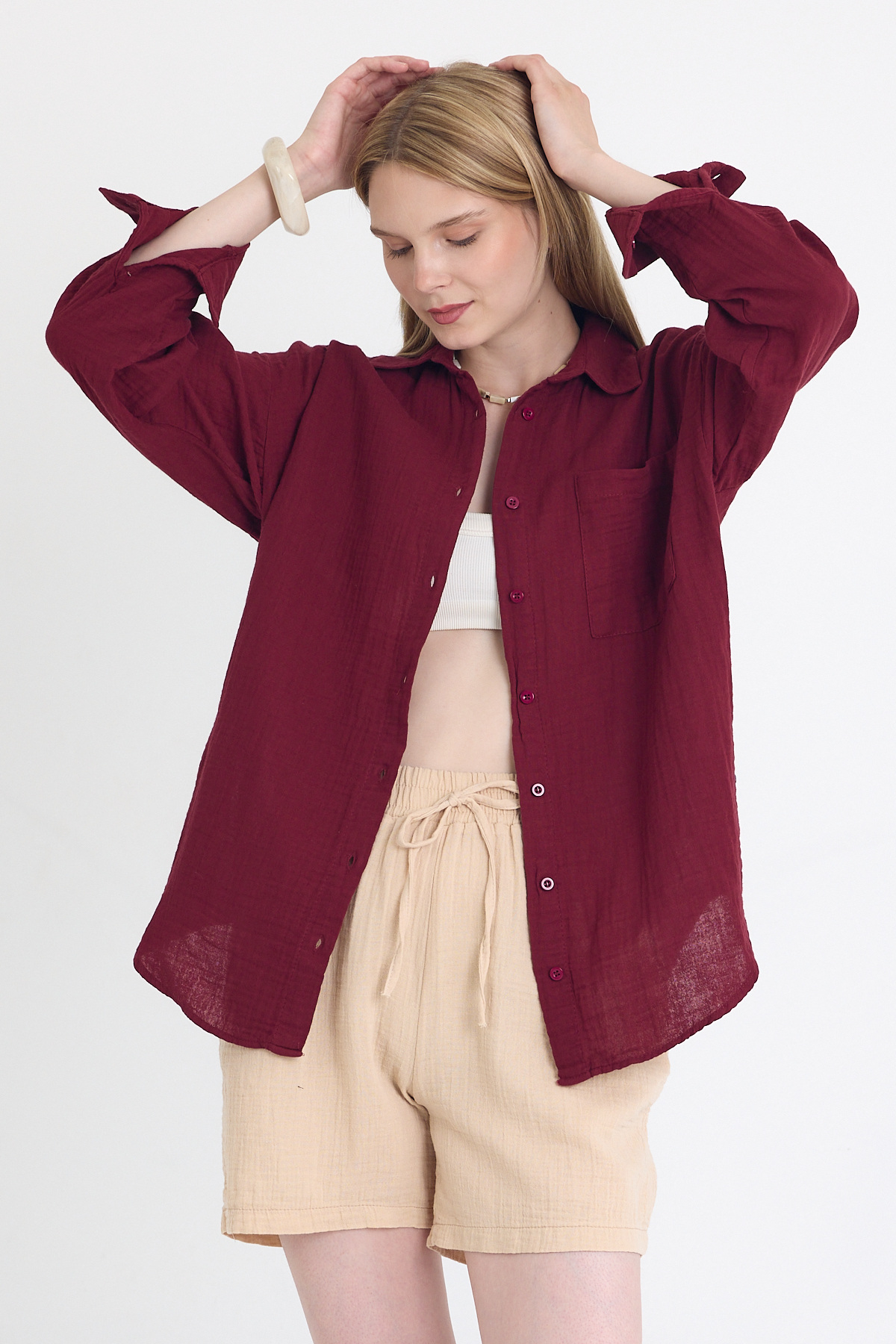Bordo Tek Cepli %100 Pamuk Oversize Müslin Gömlek 4697A - 3
