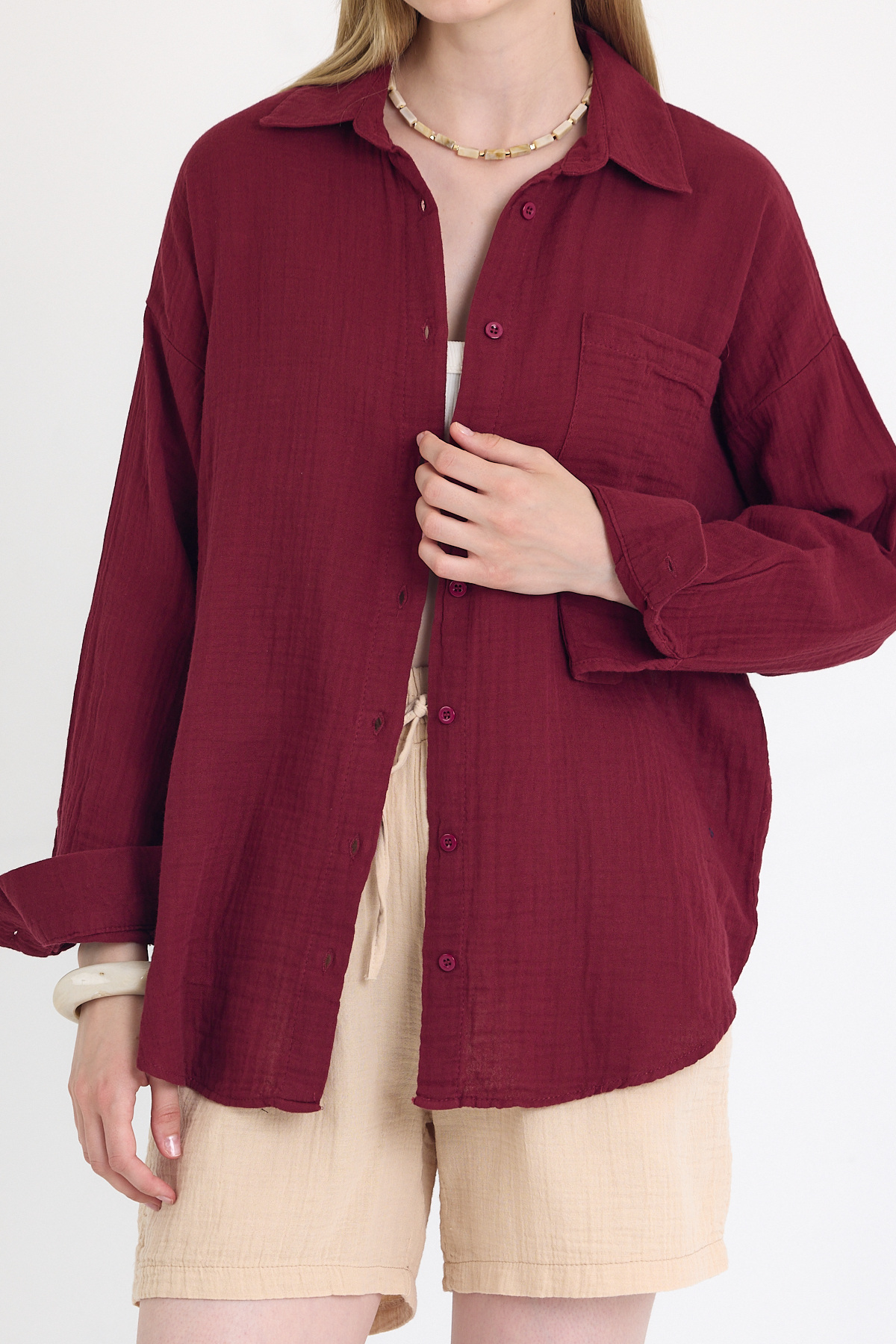 Bordo Tek Cepli %100 Pamuk Oversize Müslin Gömlek 4697A - 4
