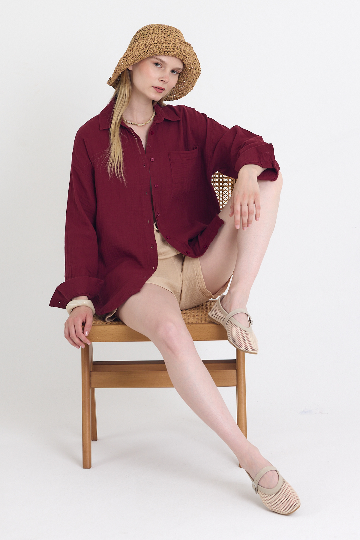 Bordo Tek Cepli %100 Pamuk Oversize Müslin Gömlek 4697A 