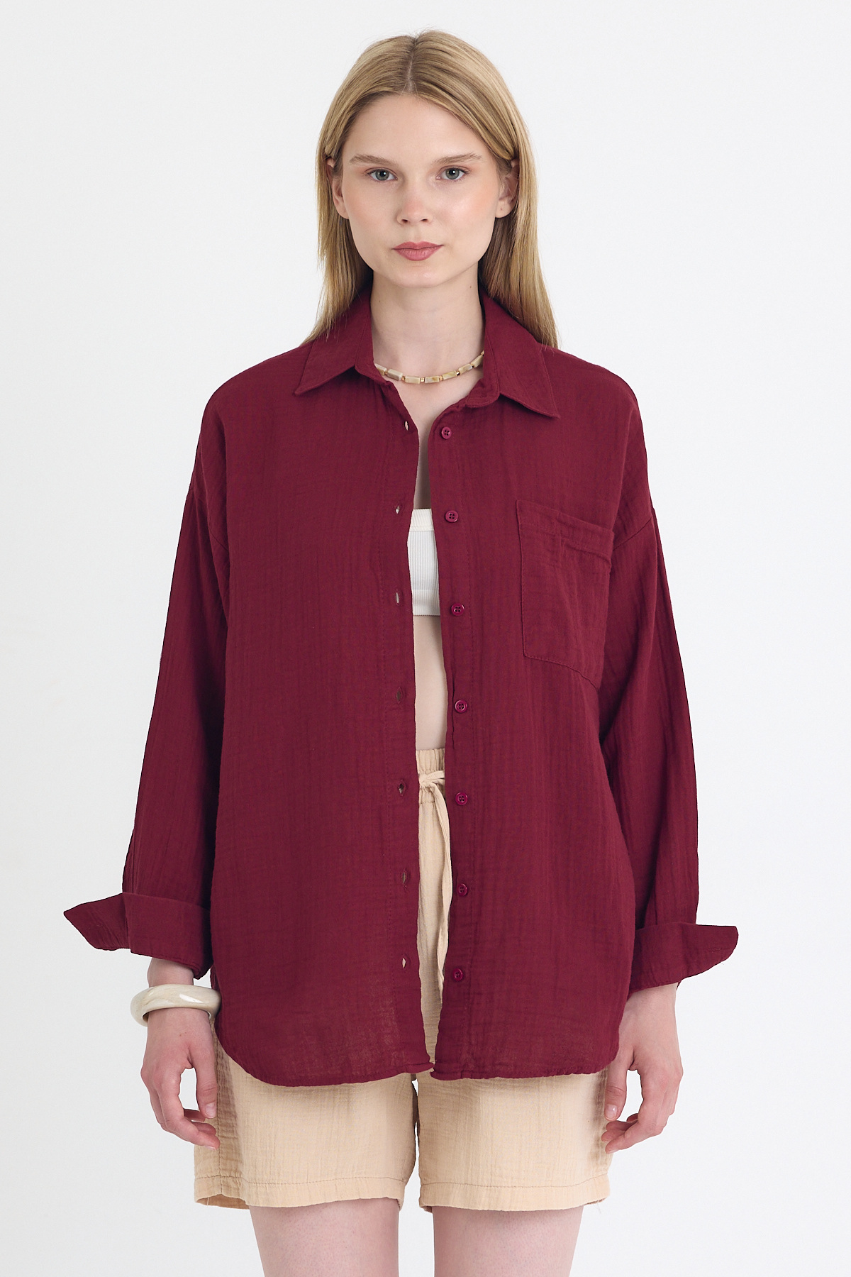 Bordo Tek Cepli %100 Pamuk Oversize Müslin Gömlek 4697A - 2