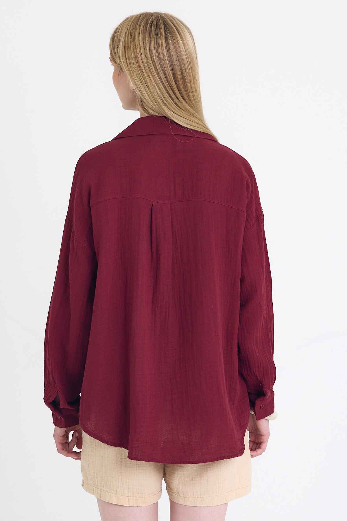 Bordo Tek Cepli %100 Pamuk Oversize Müslin Gömlek 4697A - 5