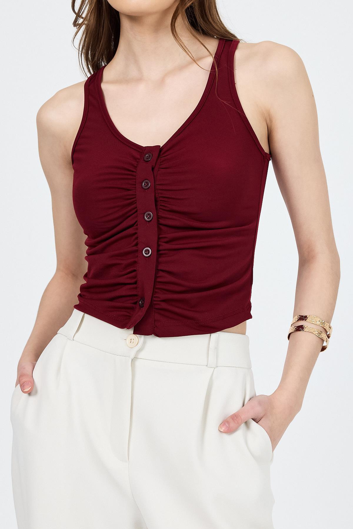 Bordo U Yaka Büzgülü Düğmeli Atlet 13298 - 4