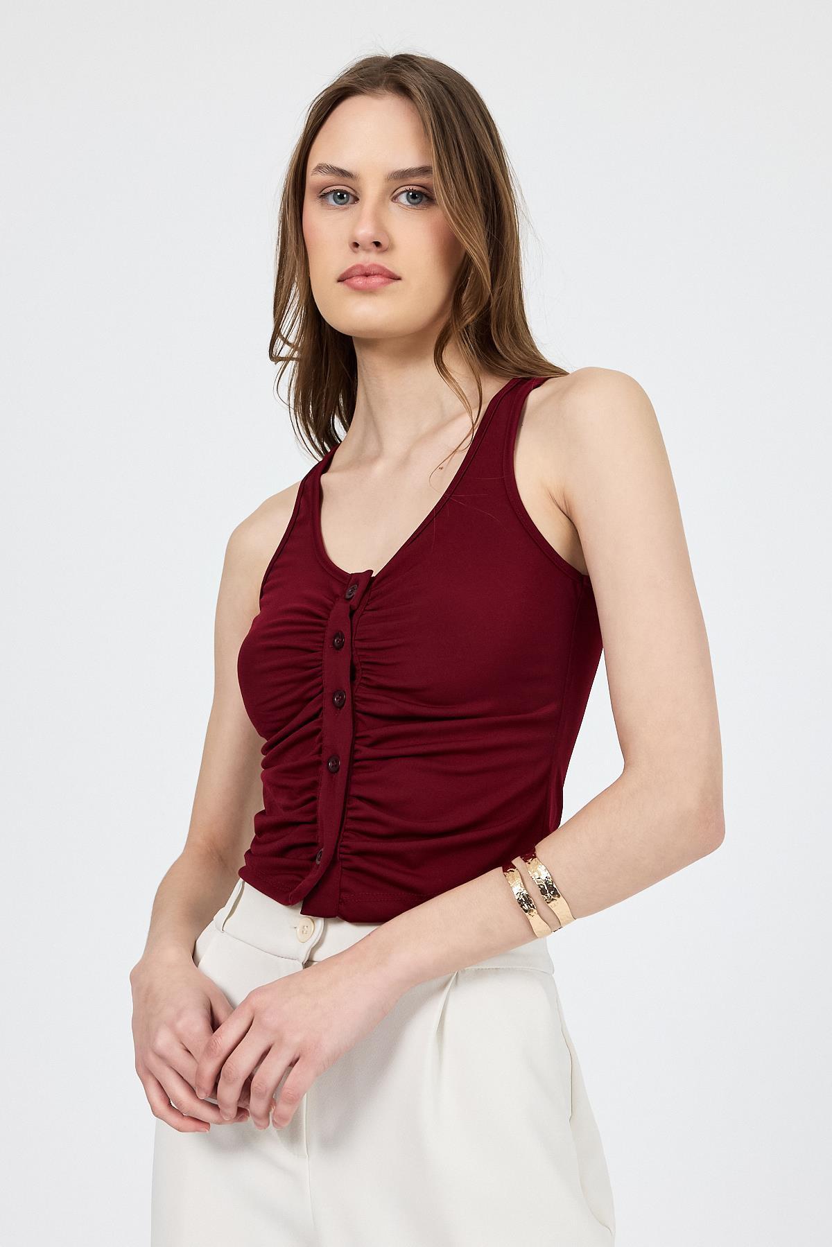 Bordo U Yaka Büzgülü Düğmeli Atlet 13298 - 6