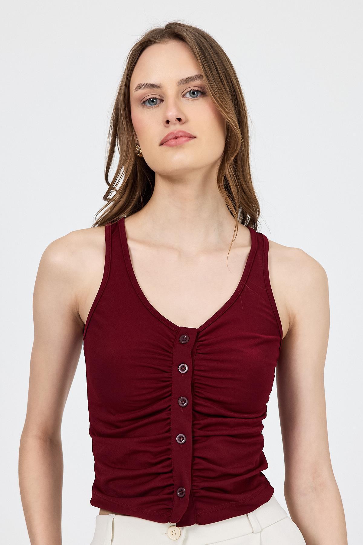 Bordo U Yaka Büzgülü Düğmeli Atlet 13298 