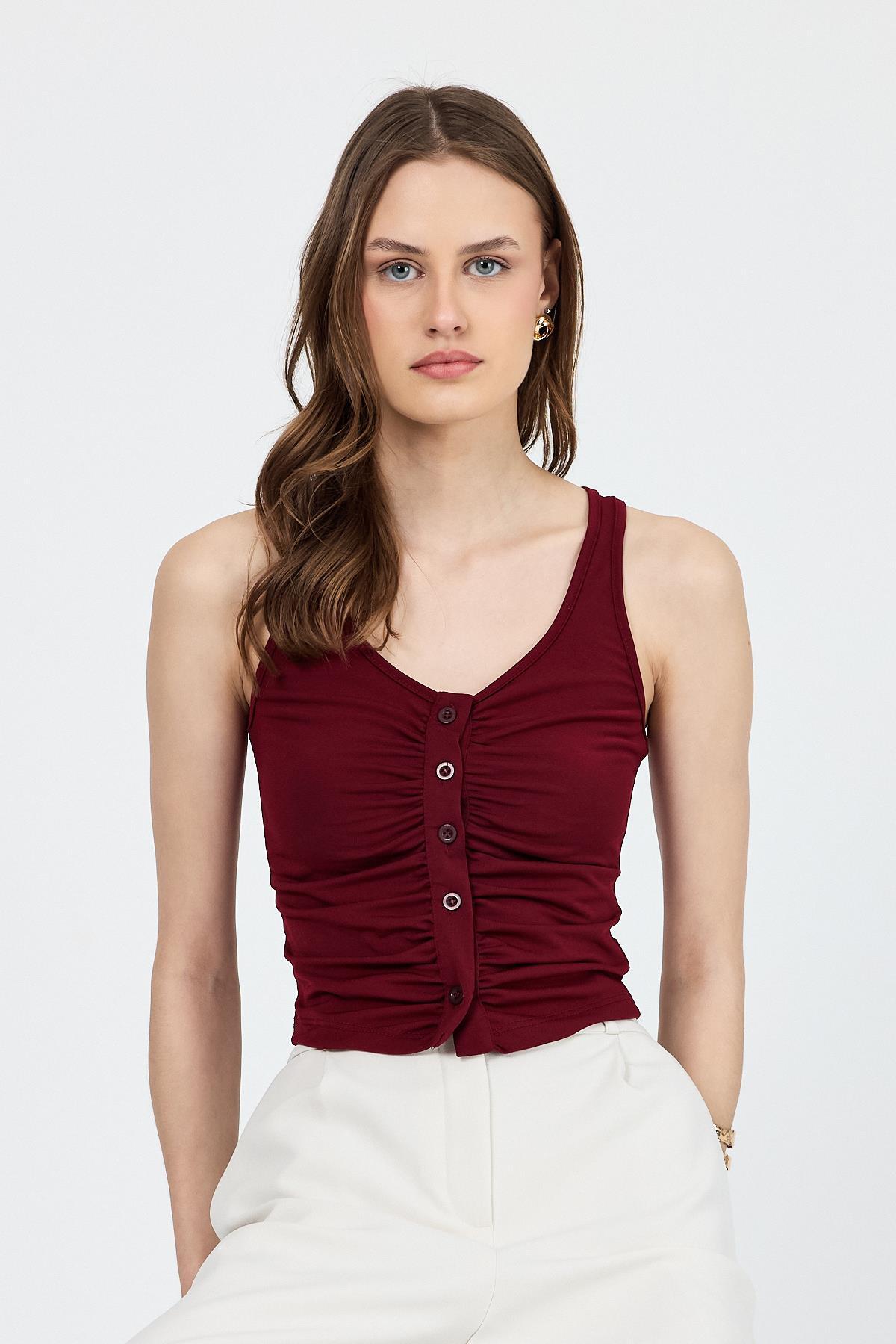 Bordo U Yaka Büzgülü Düğmeli Atlet 13298 - 3