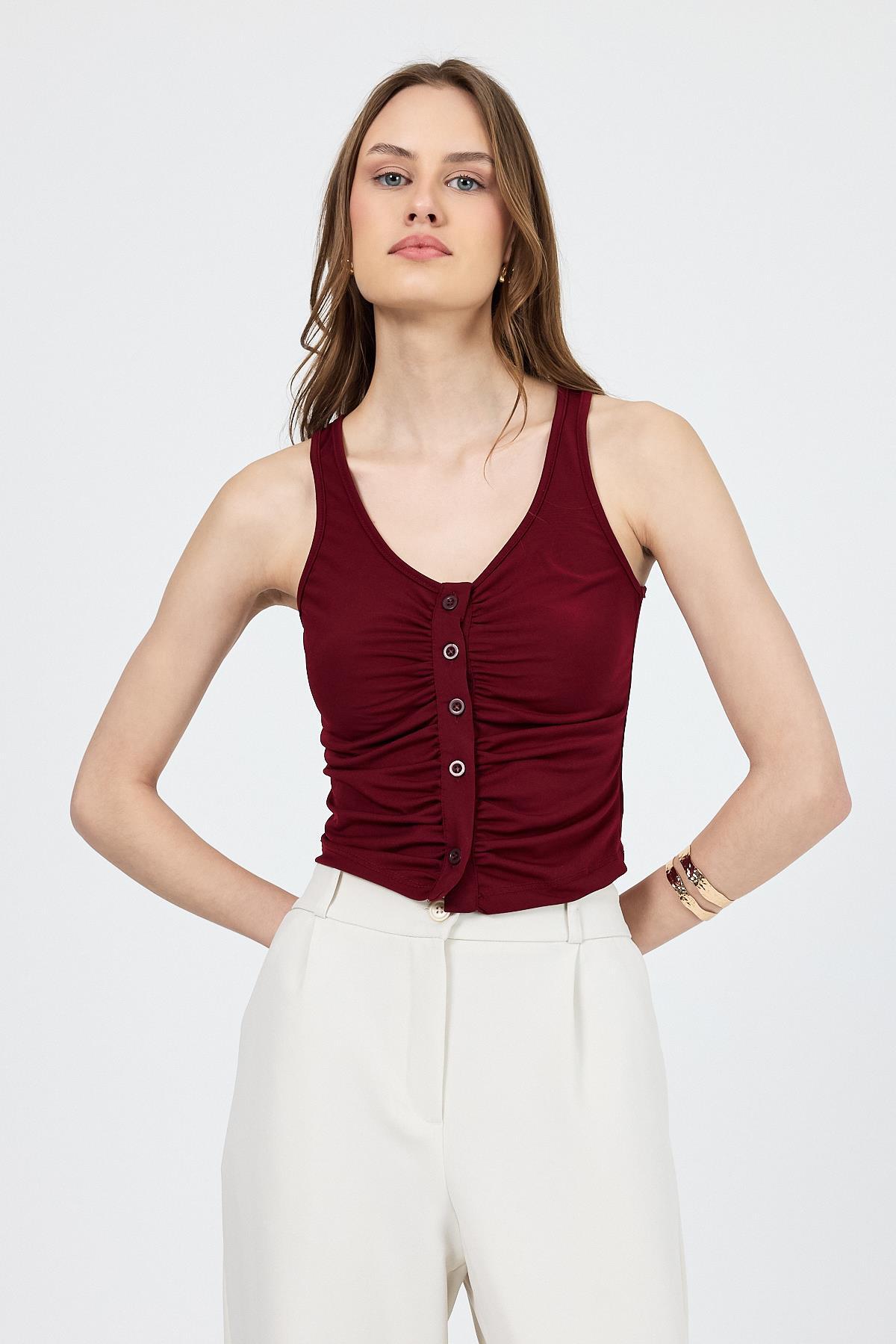 Bordo U Yaka Büzgülü Düğmeli Atlet 13298 - 7