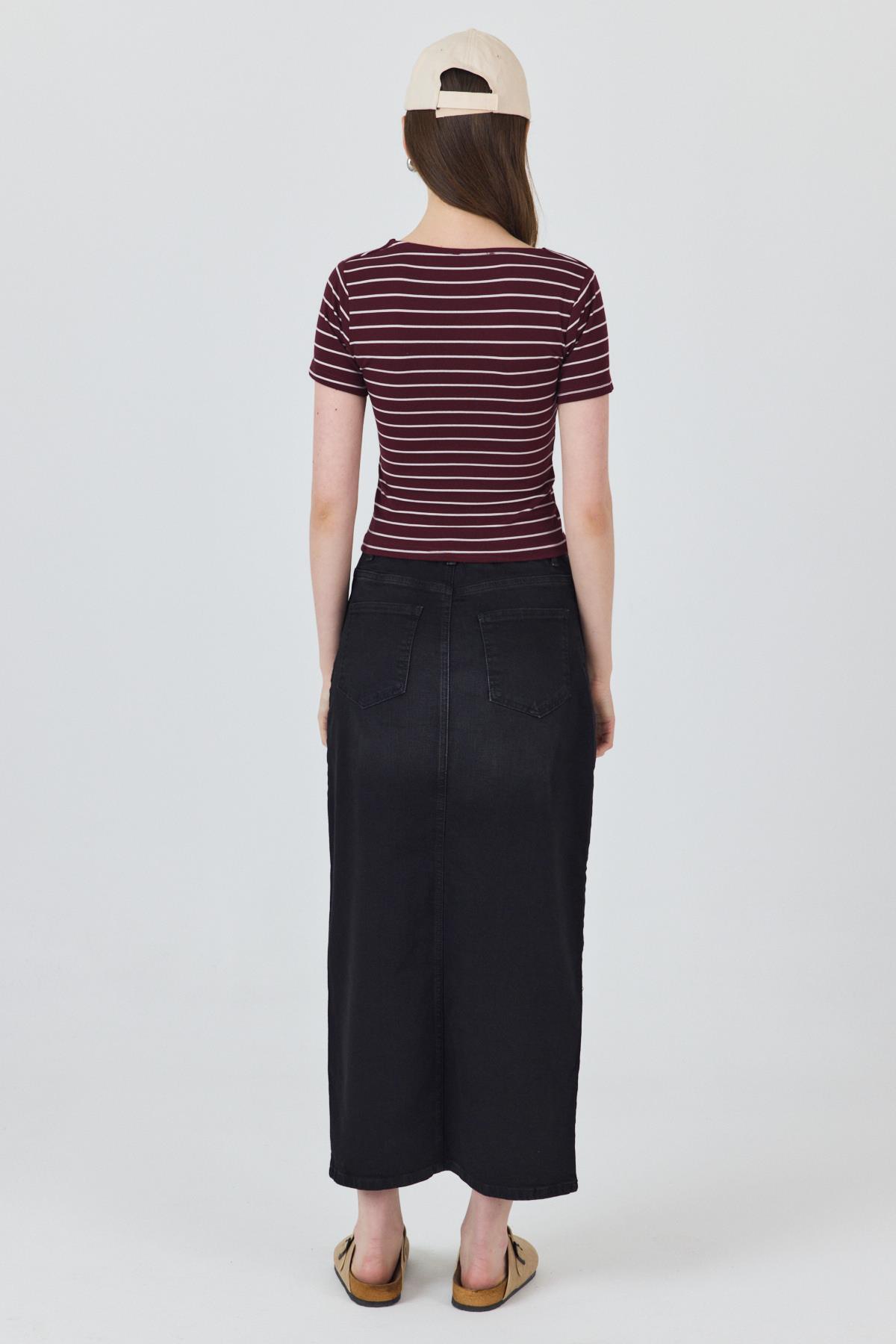 Bordo U Yaka Çizgili Tişört 4016 - 5