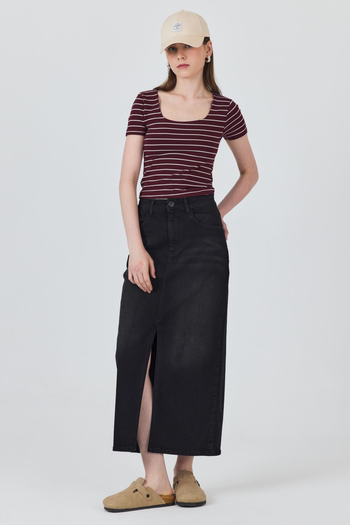 Bordo U Yaka Çizgili Tişört 4016 - 4