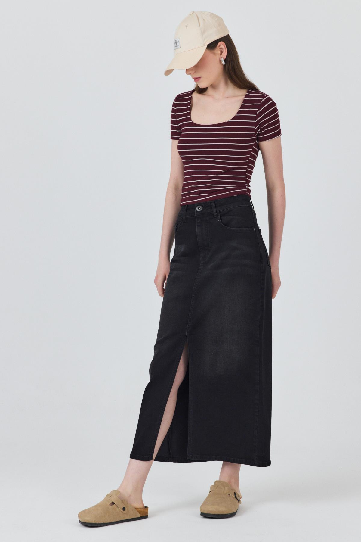 Bordo U Yaka Çizgili Tişört 4016 - 6