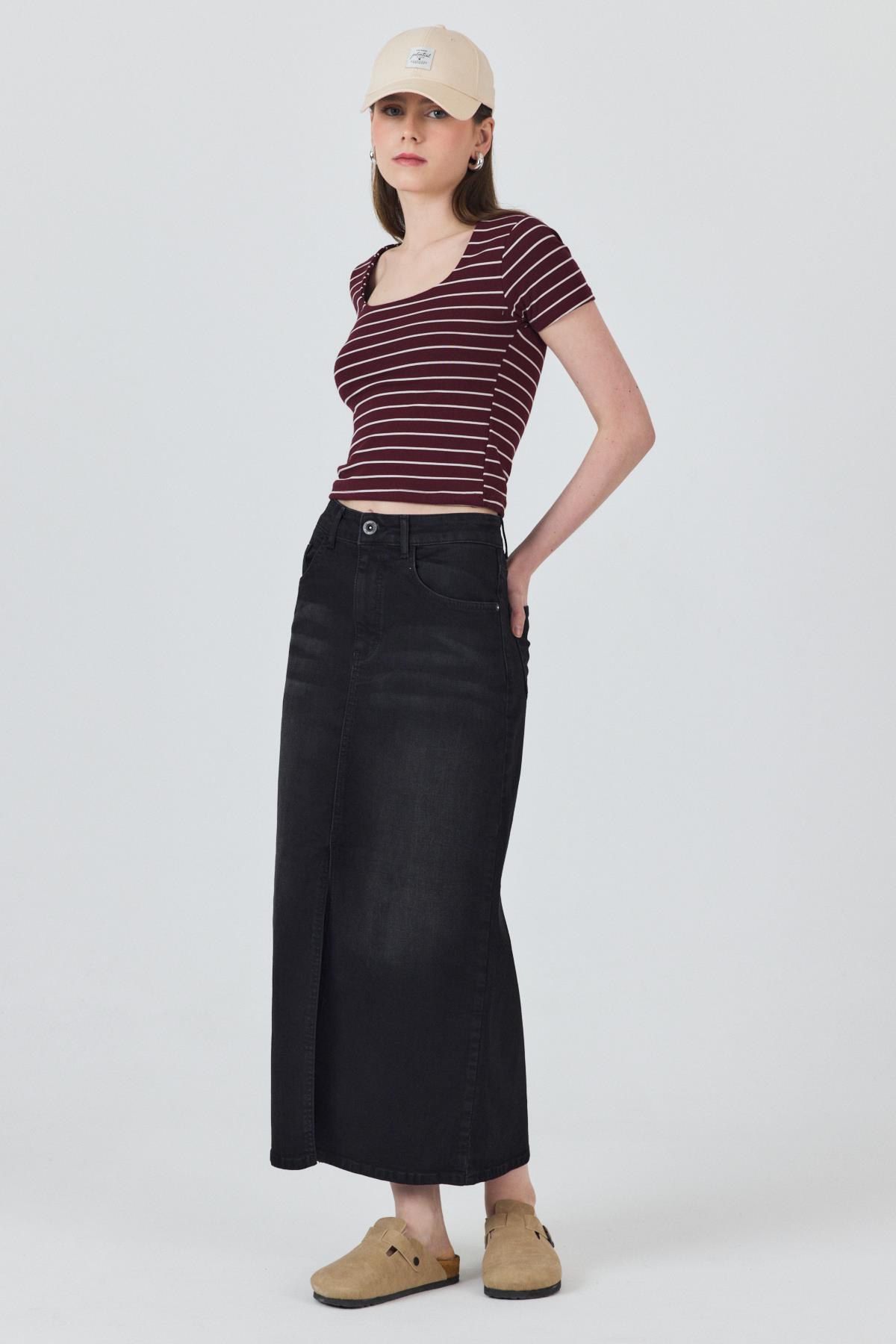 Bordo U Yaka Çizgili Tişört 4016 - 3