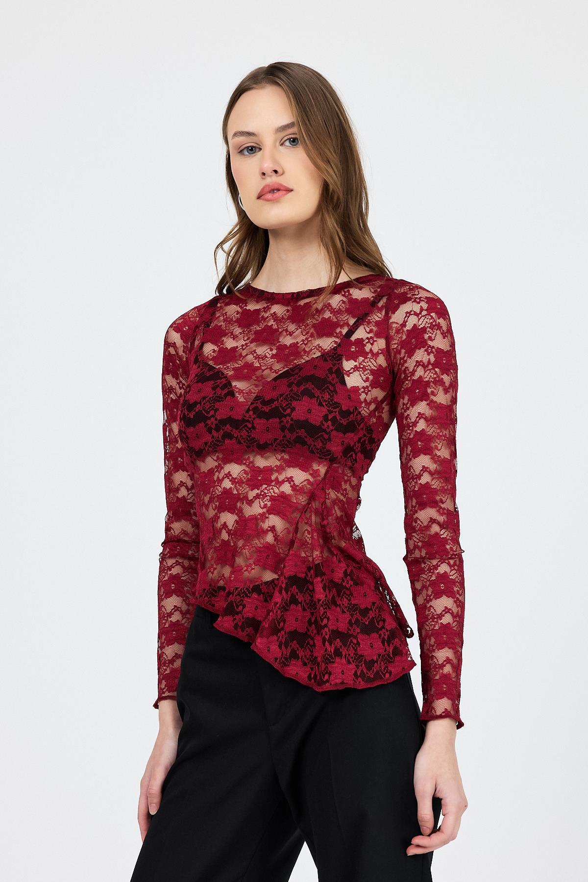 Bordo Uzun Kollu Transparan Dantel Bluz 13288 - 3
