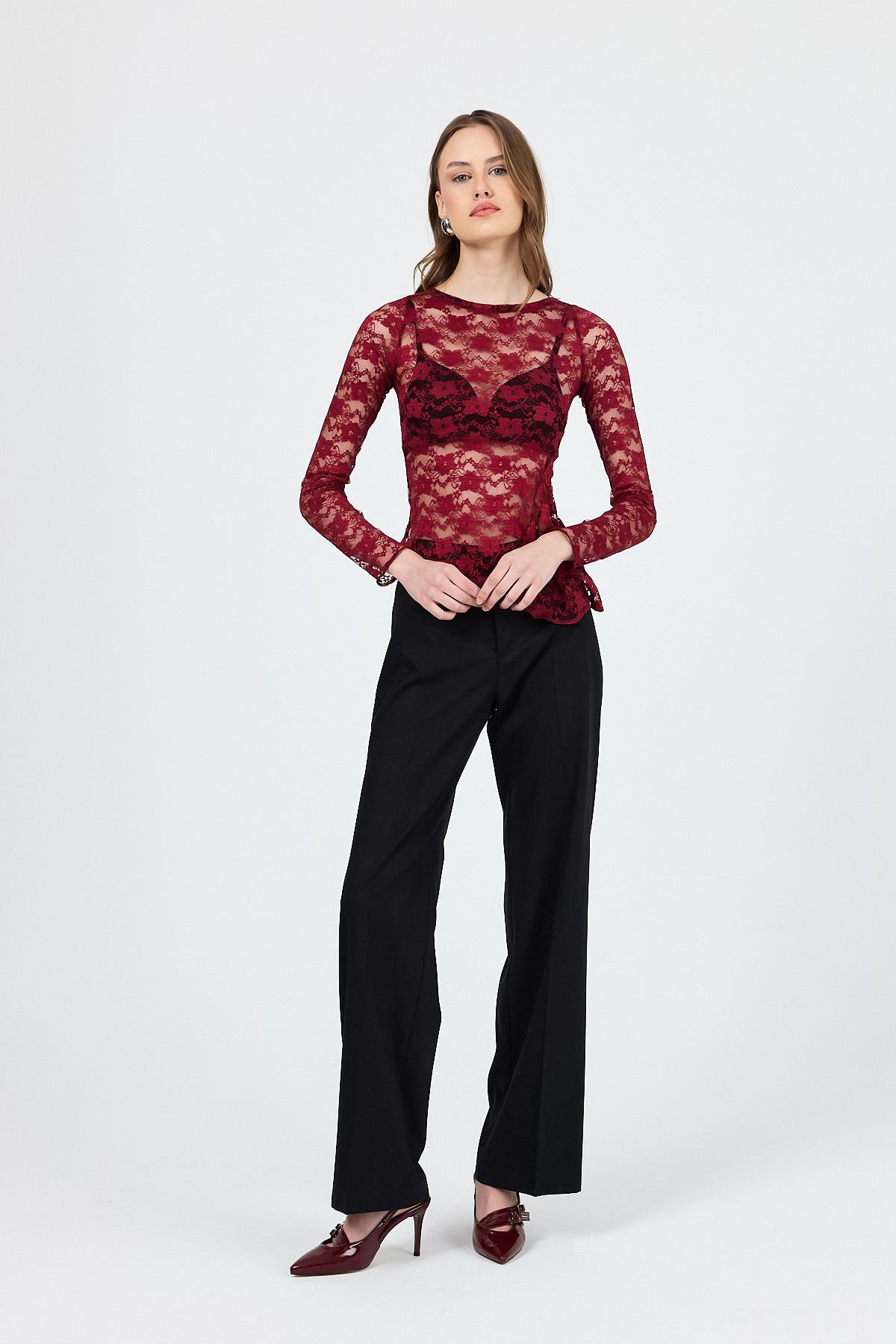 Bordo Uzun Kollu Transparan Dantel Bluz 13288 - 7