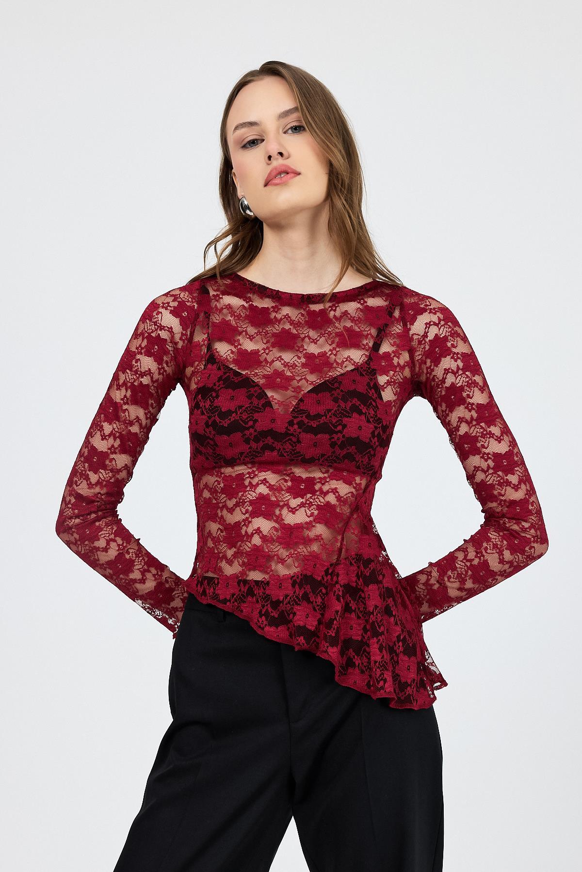 Bordo Uzun Kollu Transparan Dantel Bluz 13288 - 8