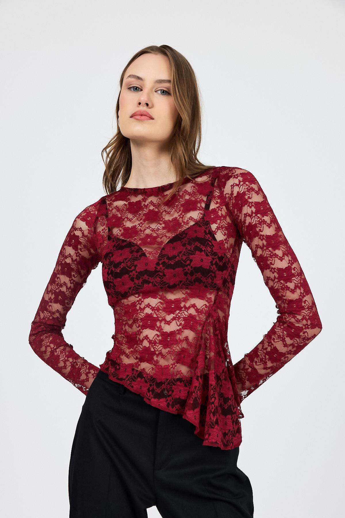 Bordo Uzun Kollu Transparan Dantel Bluz 13288 - 6