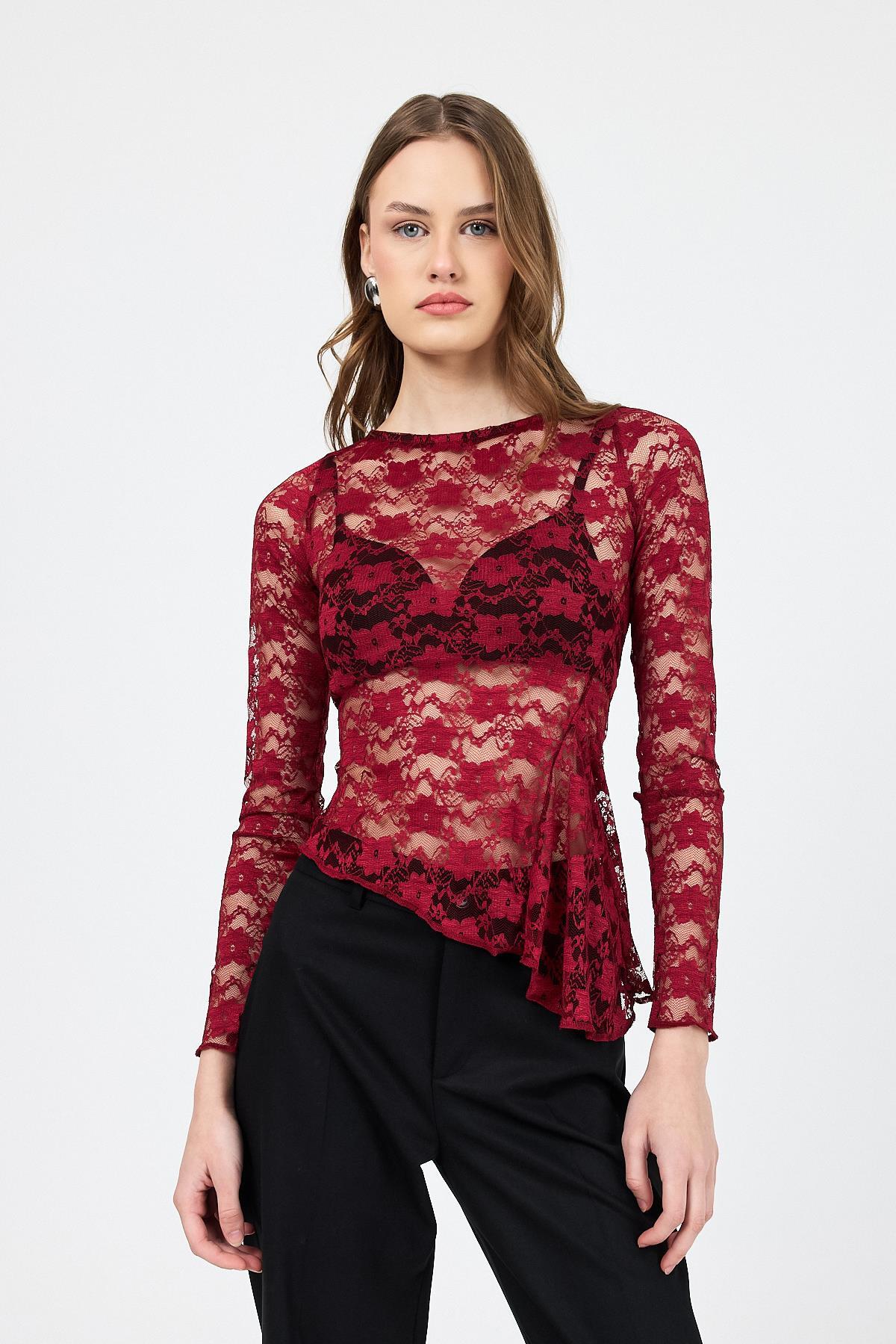 Bordo Uzun Kollu Transparan Dantel Bluz 13288 