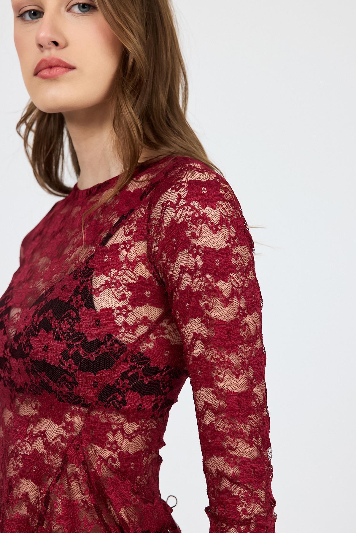 Bordo Uzun Kollu Transparan Dantel Bluz 13288 - 4