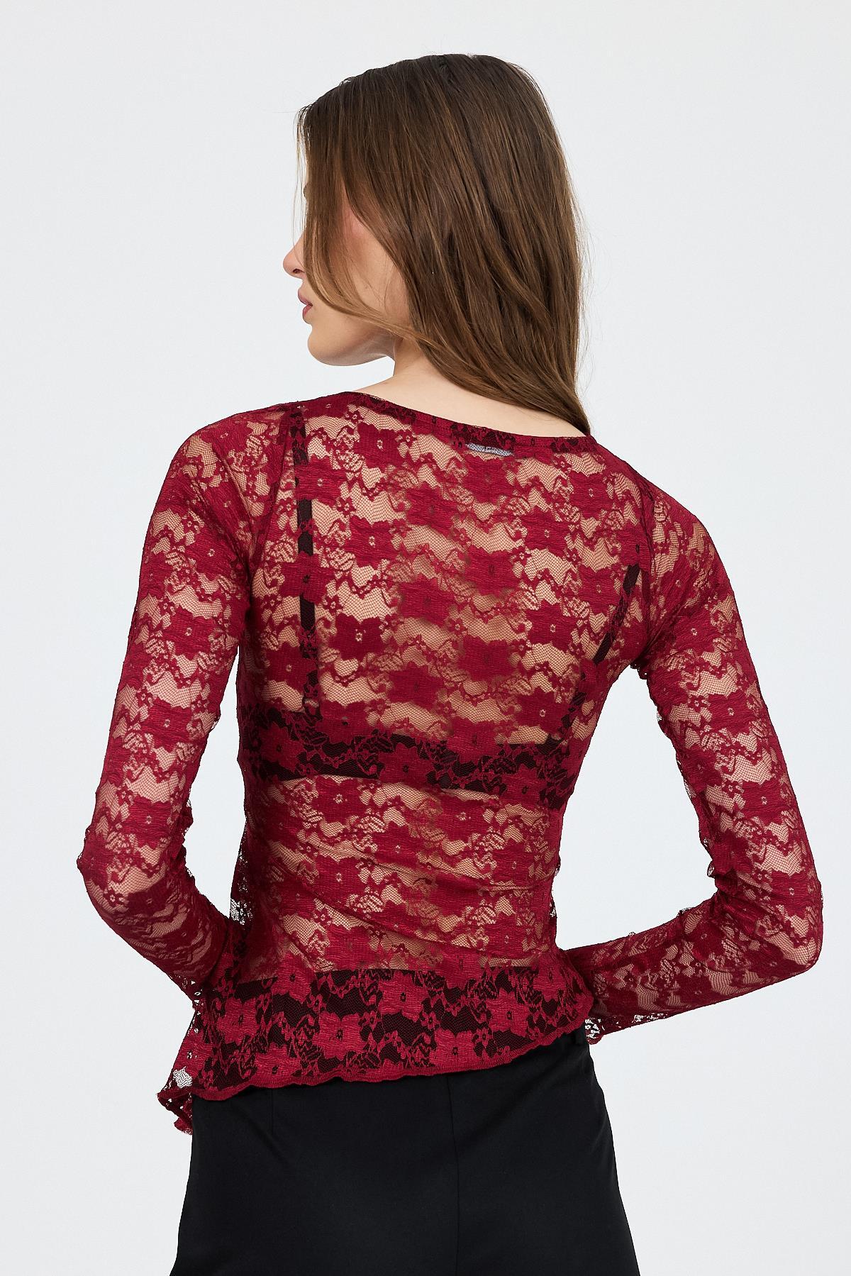 Bordo Uzun Kollu Transparan Dantel Bluz 13288 - 5