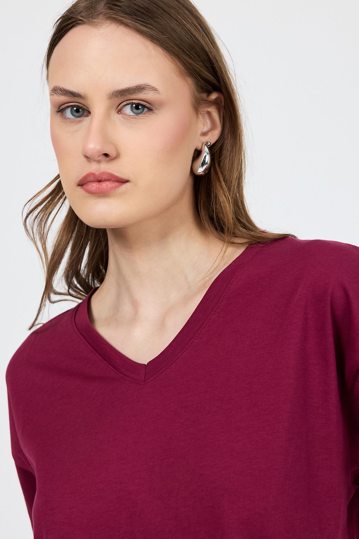 Bordo V Yaka %100 Pamuk Comfort Fit Tişört 2143M - 4
