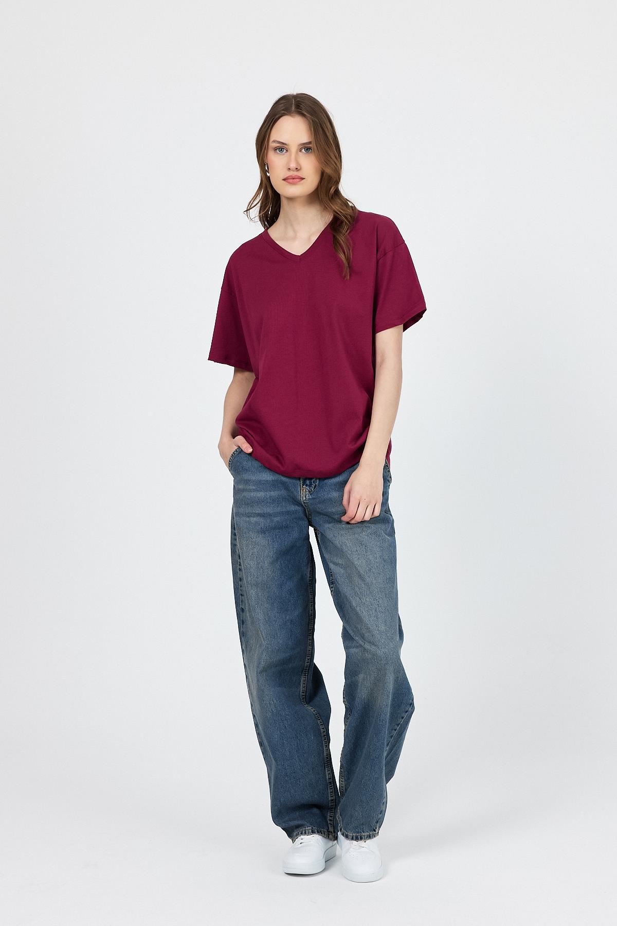Bordo V Yaka %100 Pamuk Comfort Fit Tişört 2143M - 6