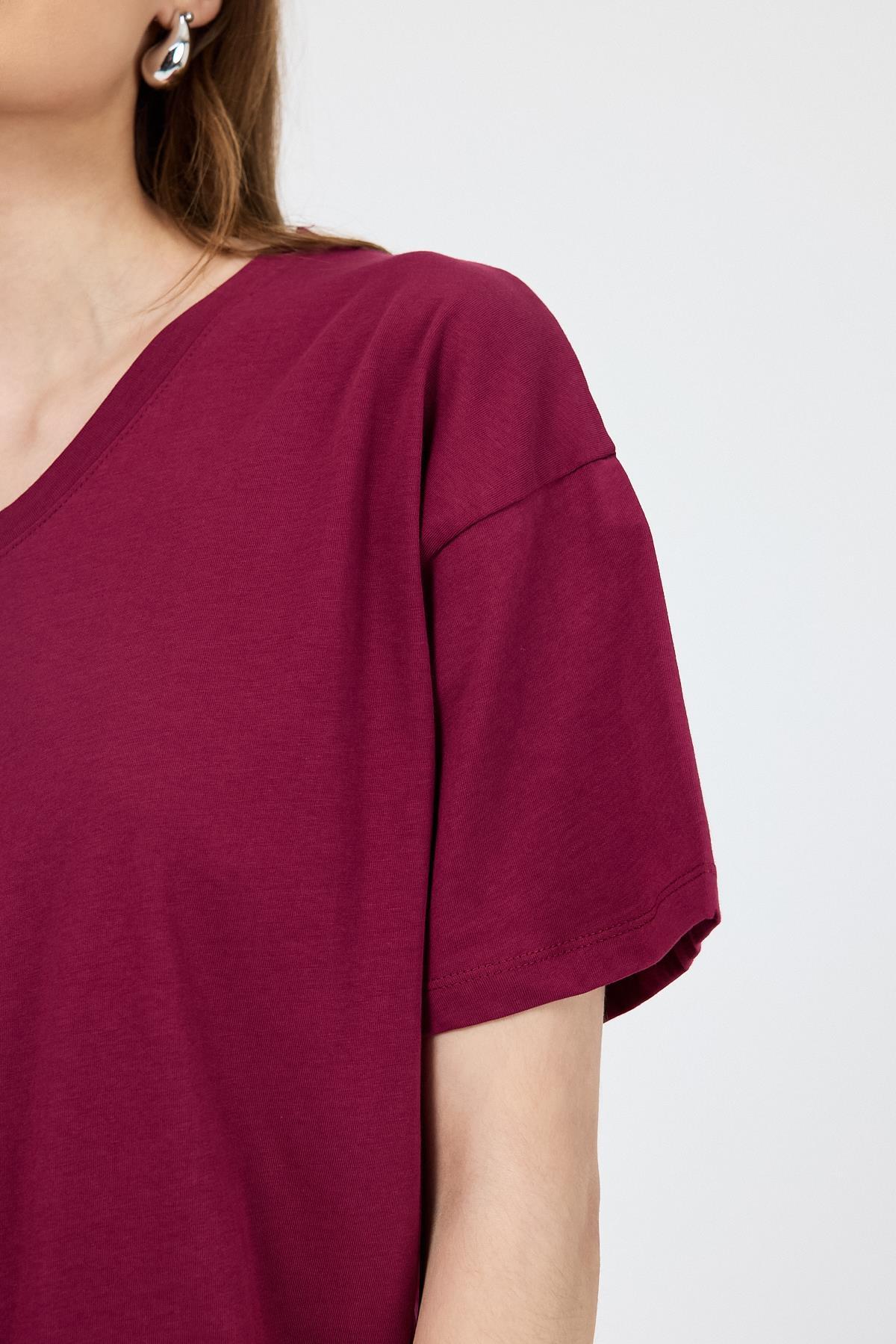 Bordo V Yaka %100 Pamuk Comfort Fit Tişört 2143M - 7