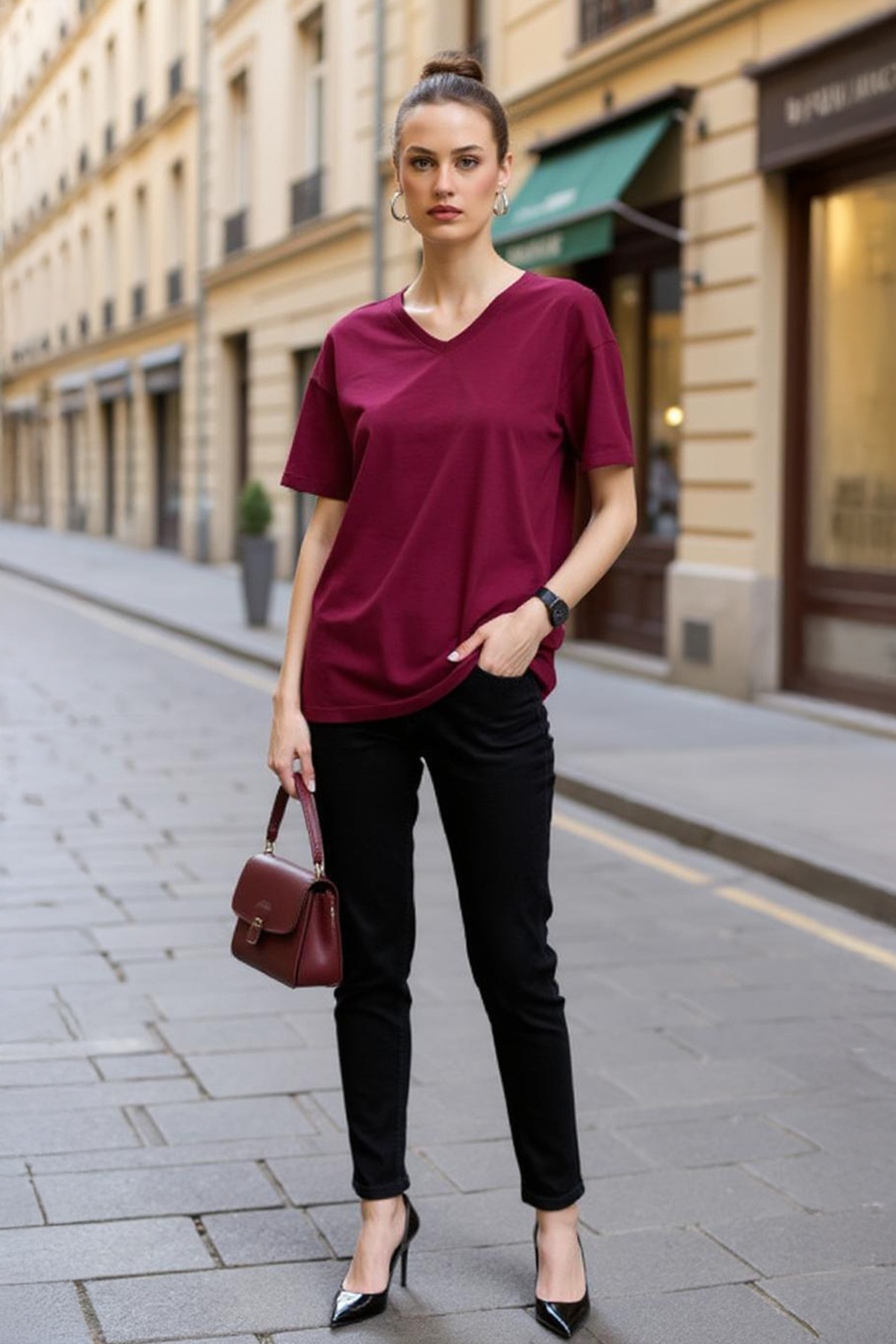 Bordo V Yaka %100 Pamuk Comfort Fit Tişört 2143M - 1