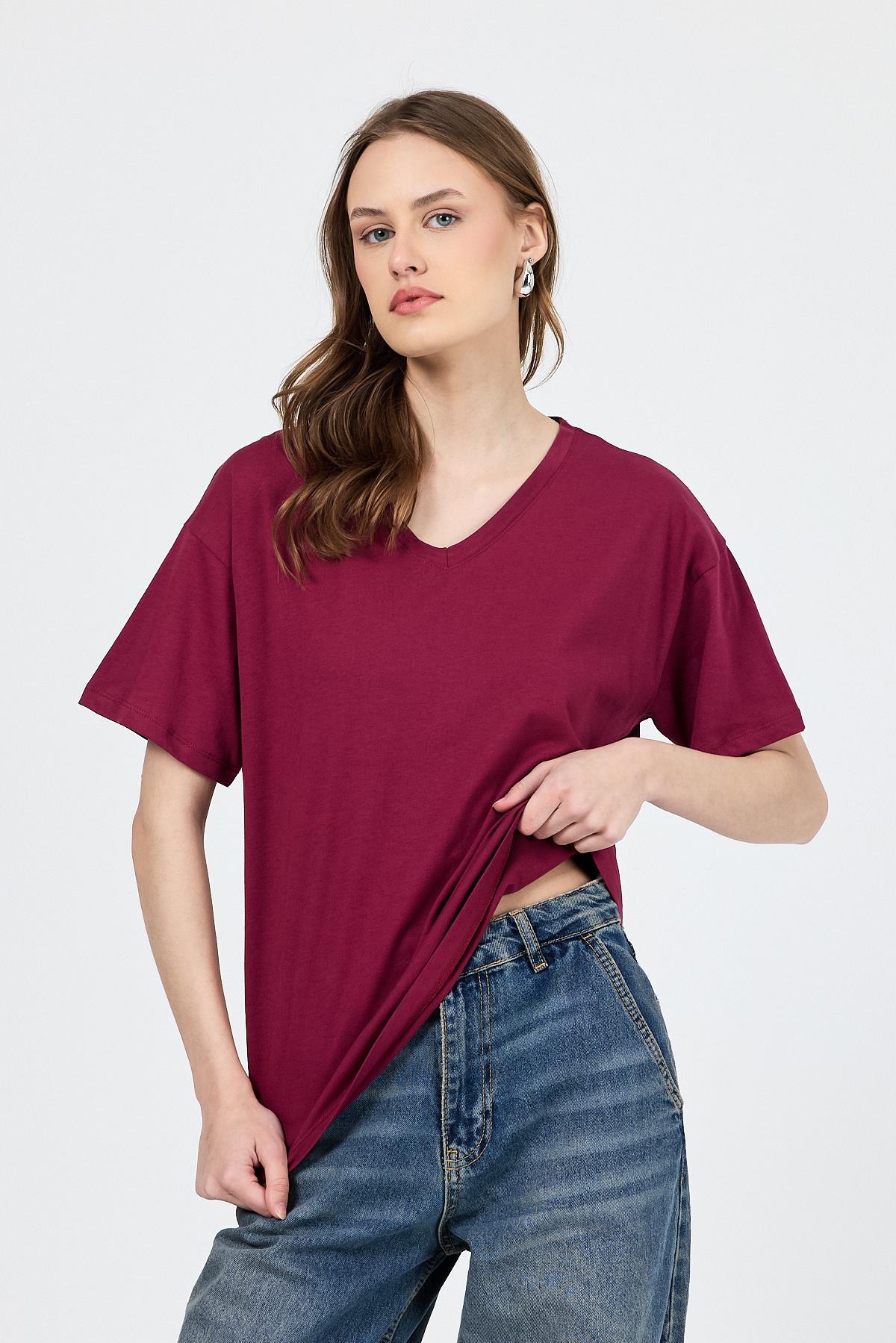 Bordo V Yaka %100 Pamuk Comfort Fit Tişört 2143M - 4