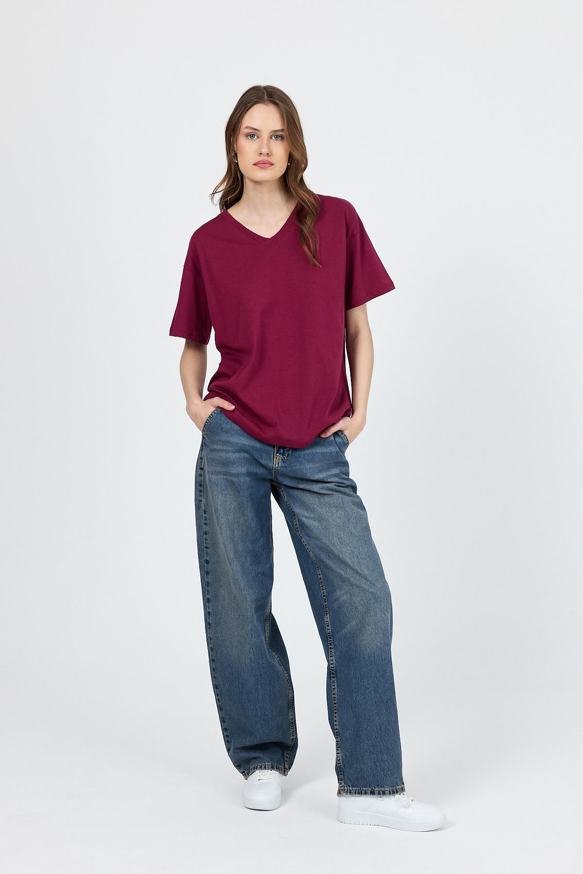 Bordo V Yaka %100 Pamuk Comfort Fit Tişört 2143M - 1