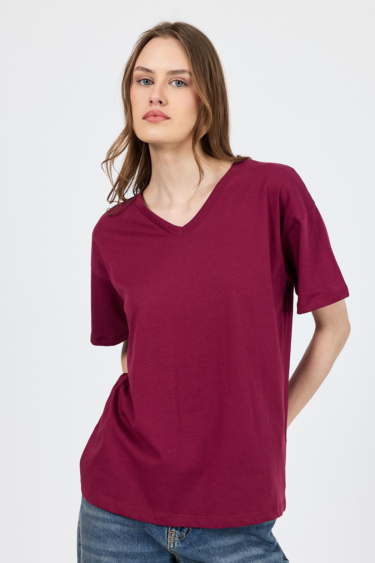 Bordo V Yaka %100 Pamuk Comfort Fit Tişört 2143M - 2