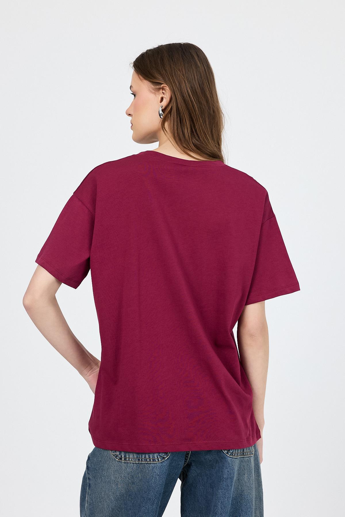 Bordo V Yaka %100 Pamuk Comfort Fit Tişört 2143M - 5