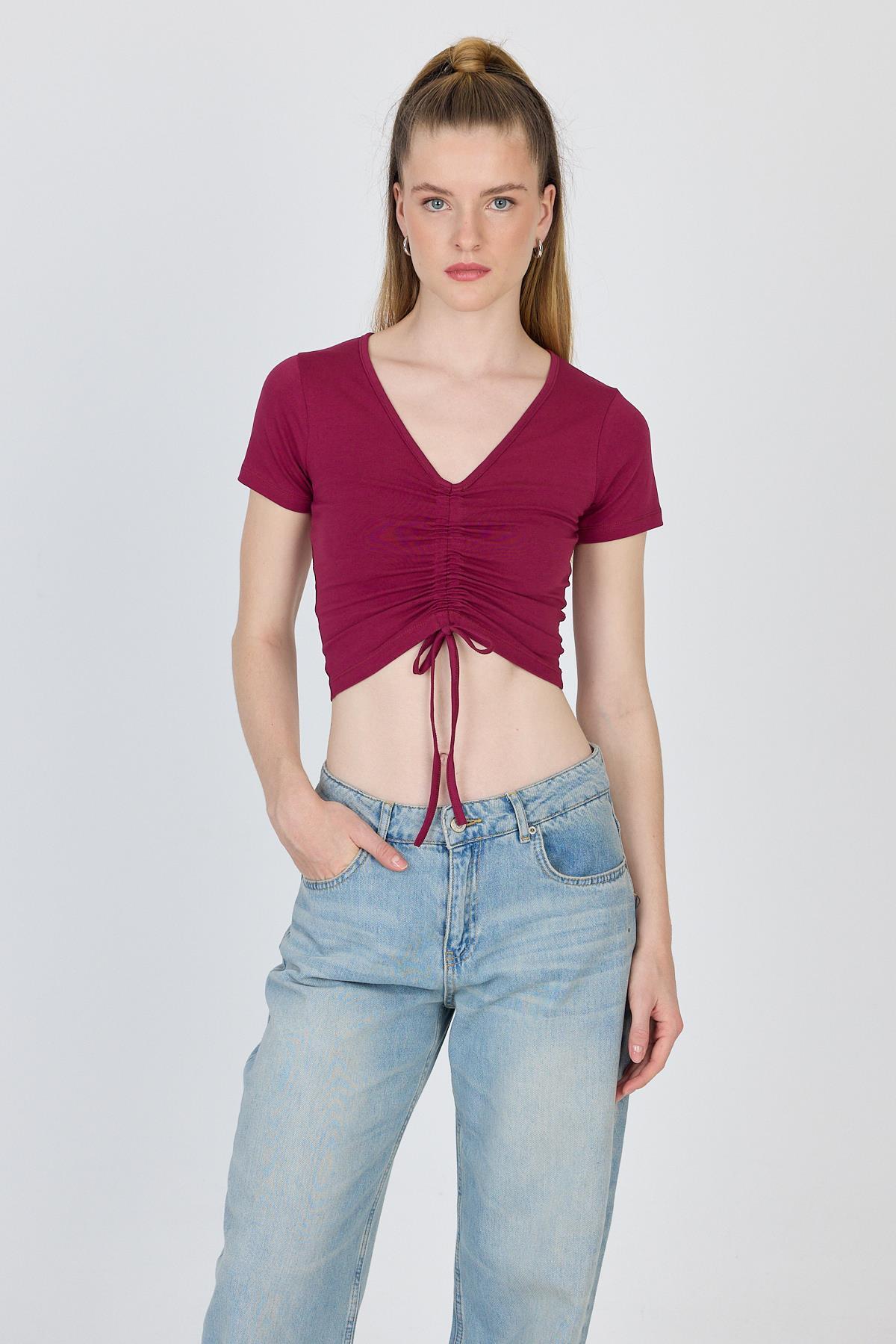 Bordo V Yaka Büzgülü Crop Tişört 9201M - RAYS