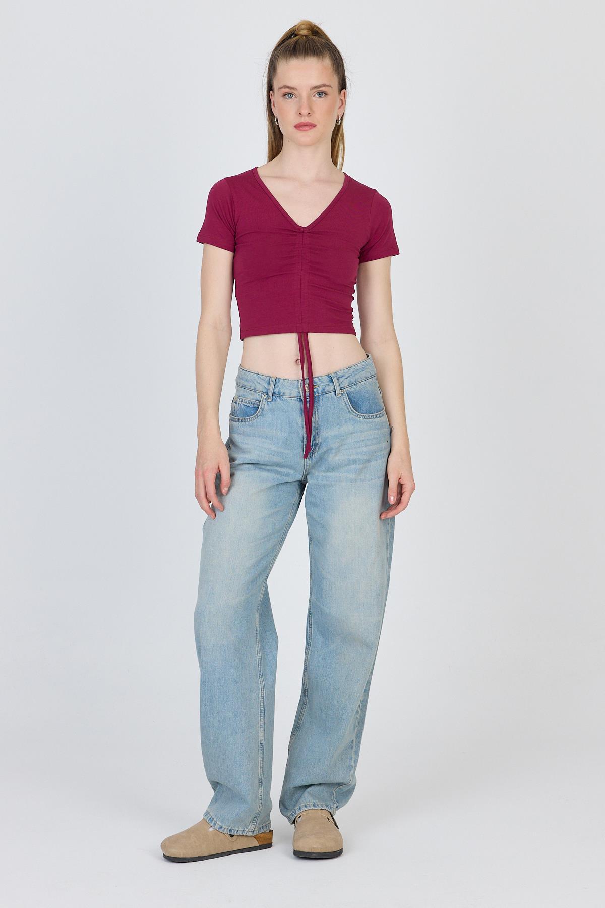 Bordo V Yaka Büzgülü Crop Tişört 9201M - RAYS