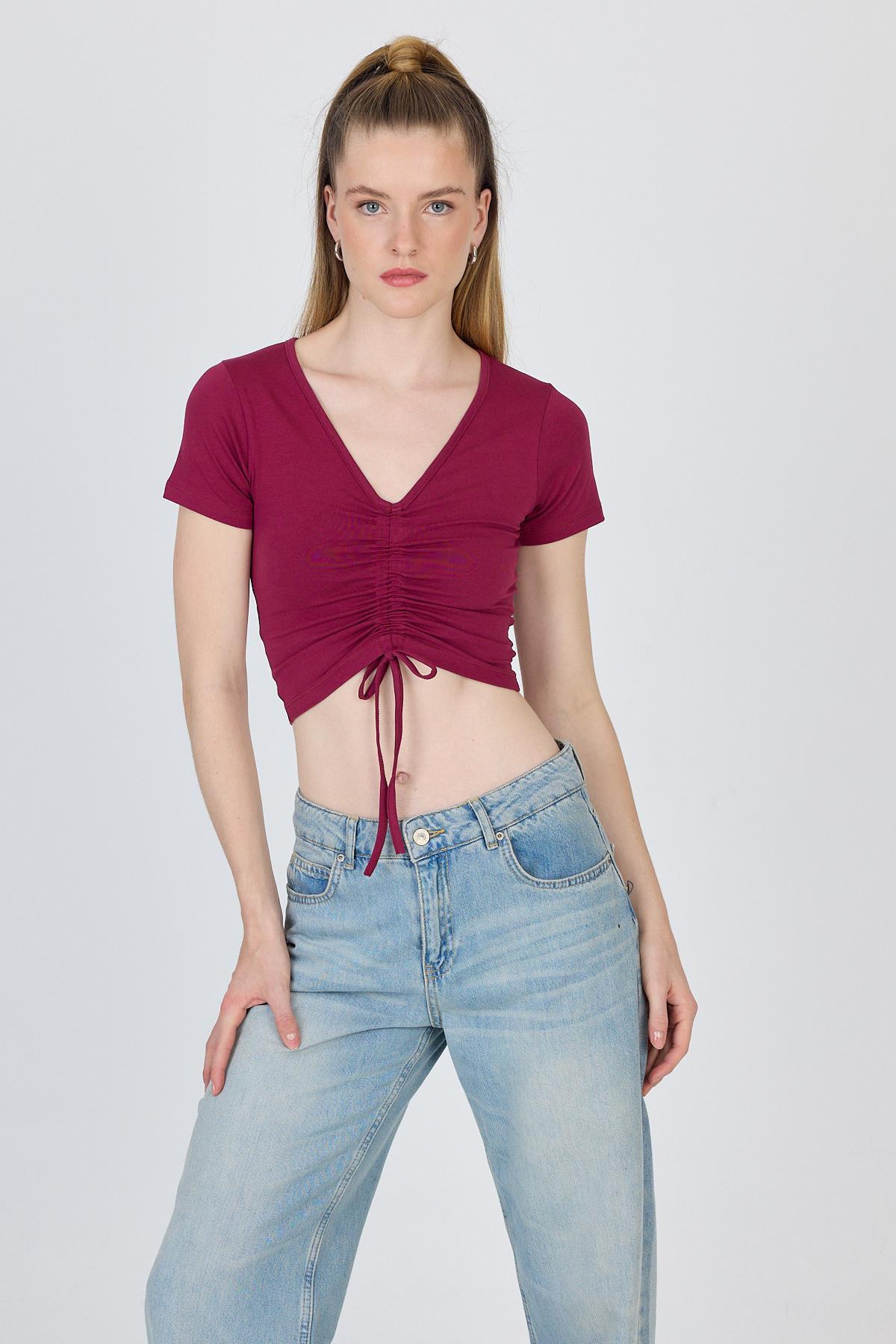 Bordo V Yaka Büzgülü Crop Tişört 9201M - RAYS