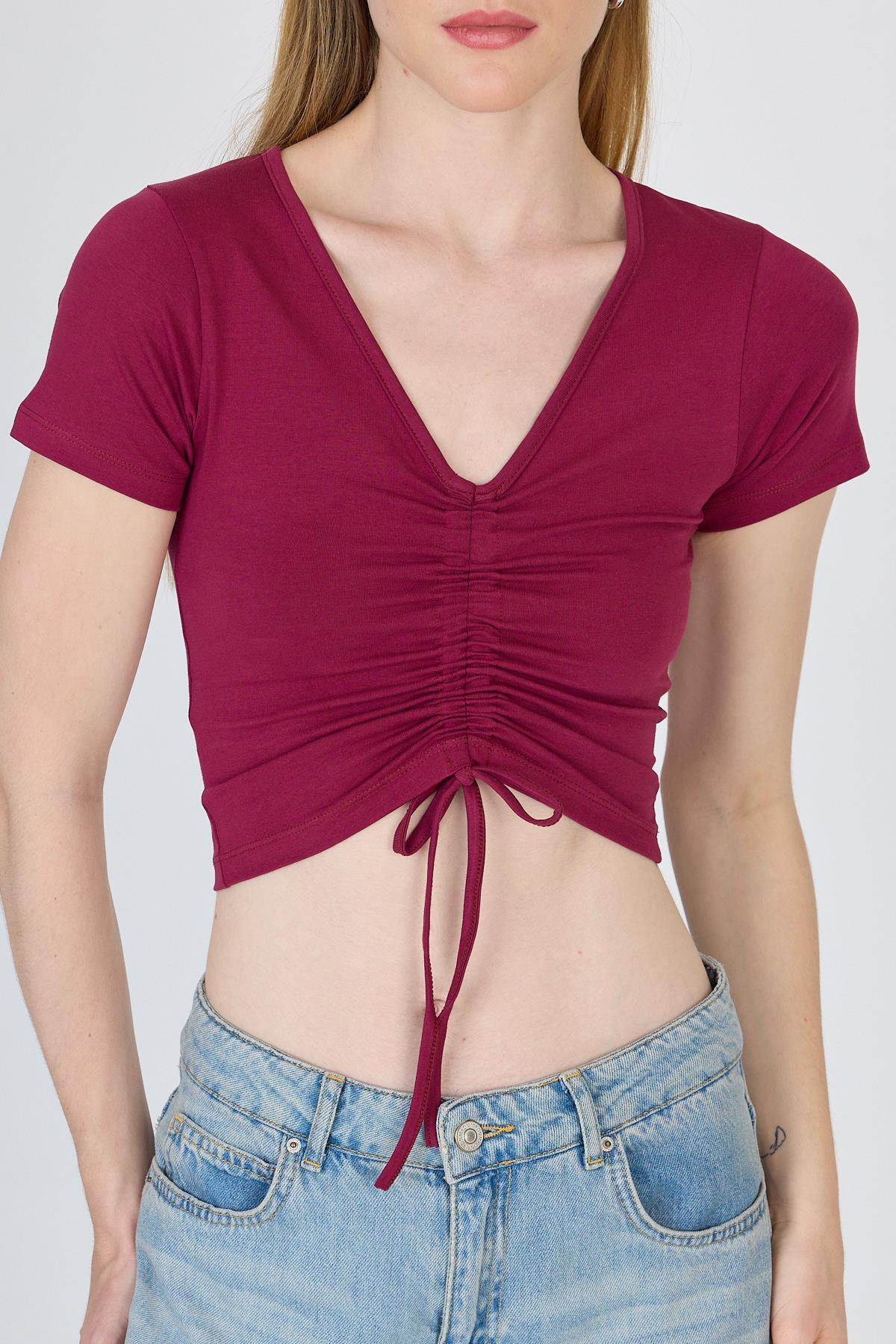 Bordo V Yaka Büzgülü Crop Tişört 9201M - RAYS