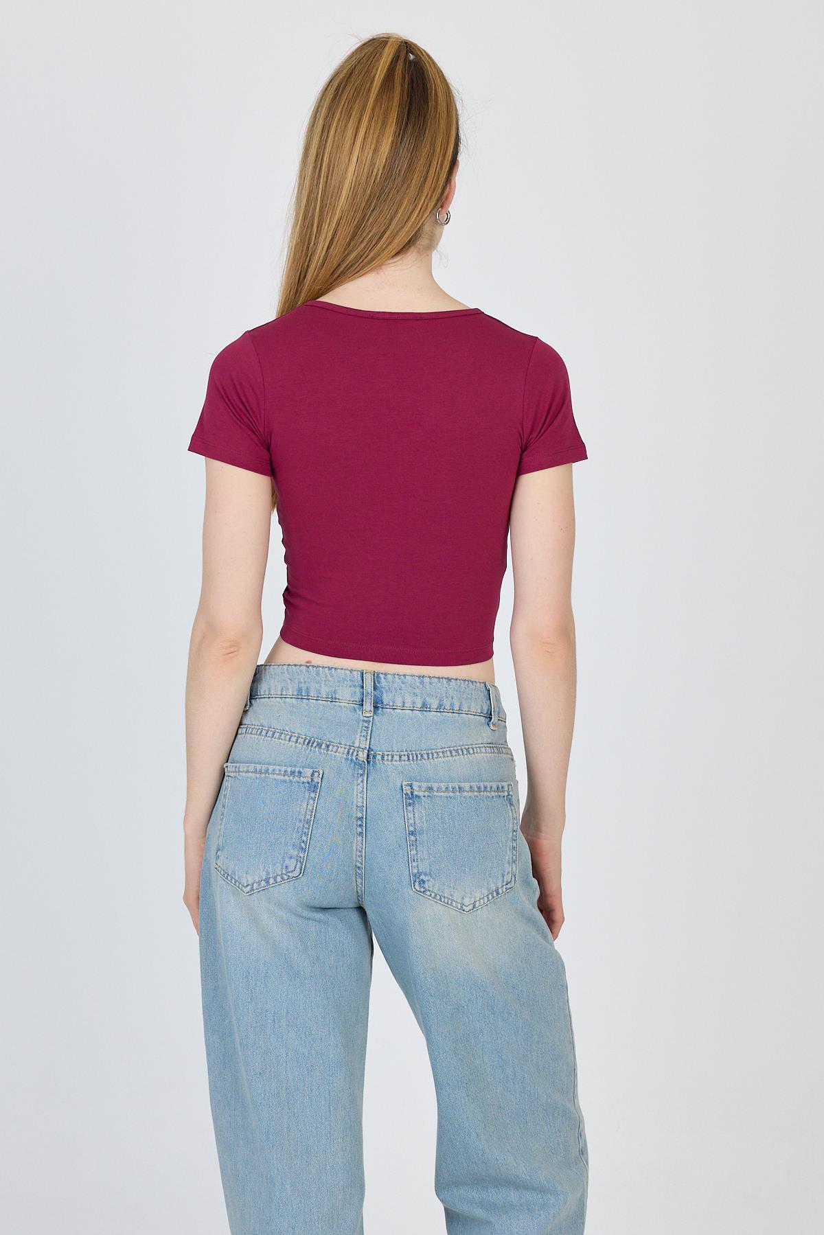 Bordo V Yaka Büzgülü Crop Tişört 9201M - 5