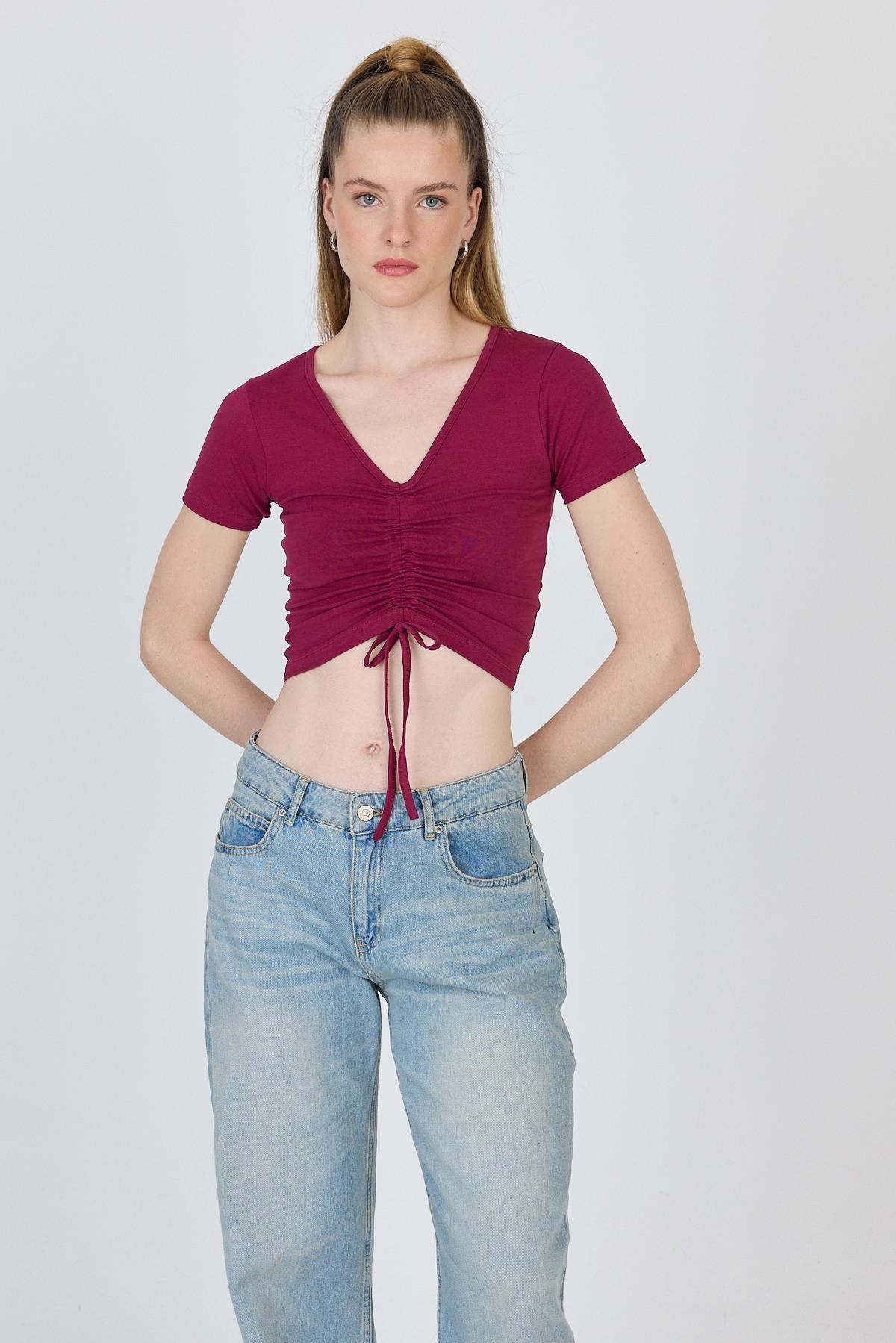 Bordo V Yaka Büzgülü Crop Tişört 9201M - 6