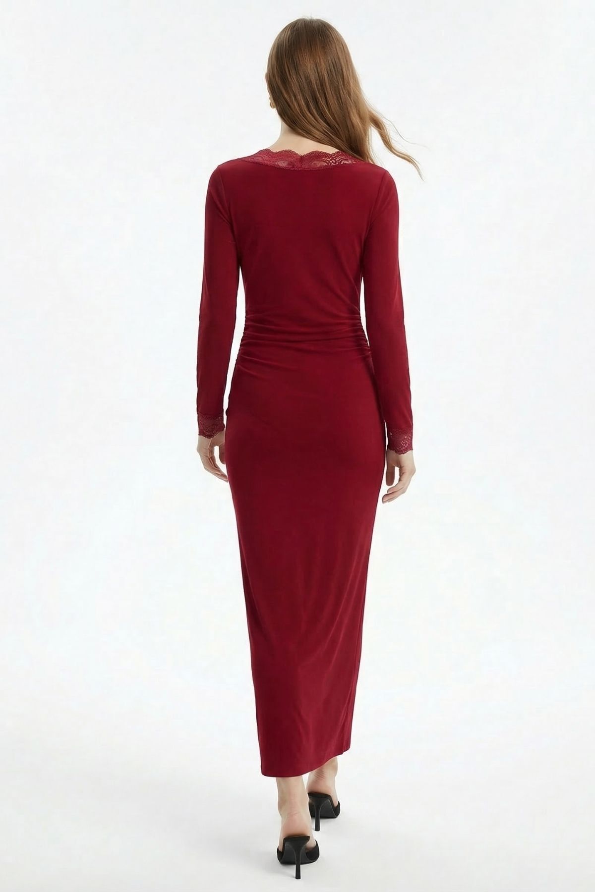 V Yaka Dantelli Elbise 15067 Bordo - RAYS