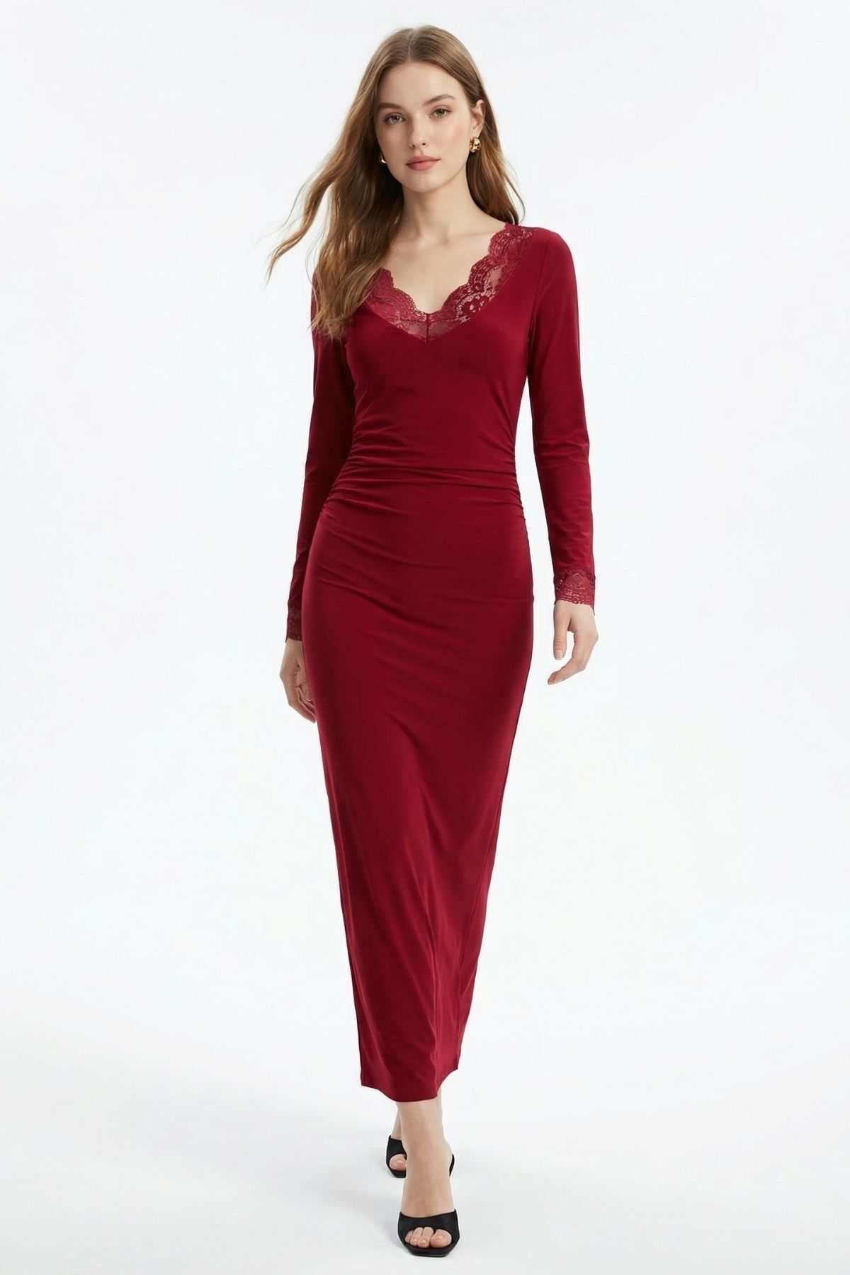 Bordo V Yaka Dantelli Elbise 15067 - 1