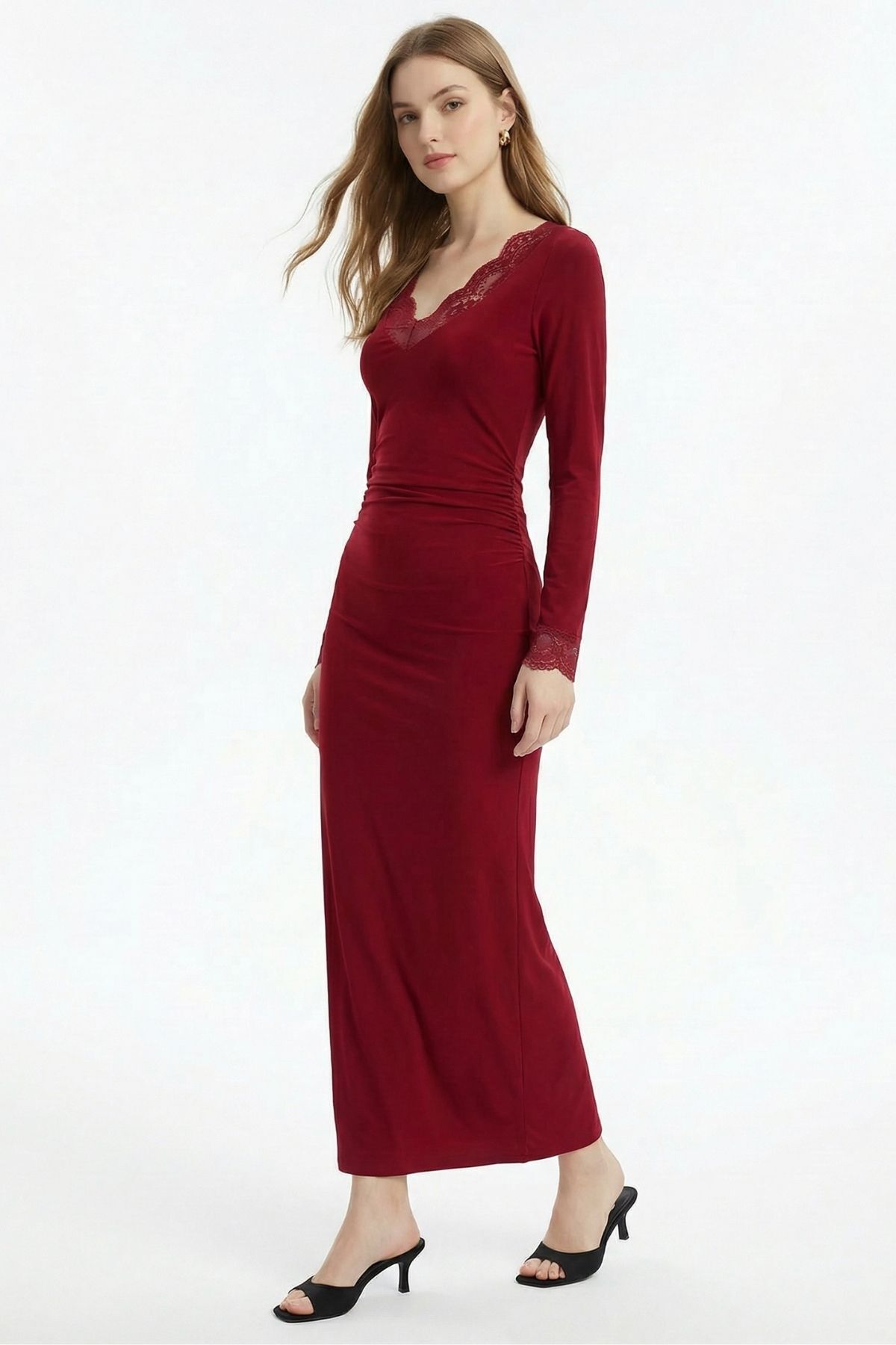 Bordo V Yaka Dantelli Elbise 15067 - RAYS (1)