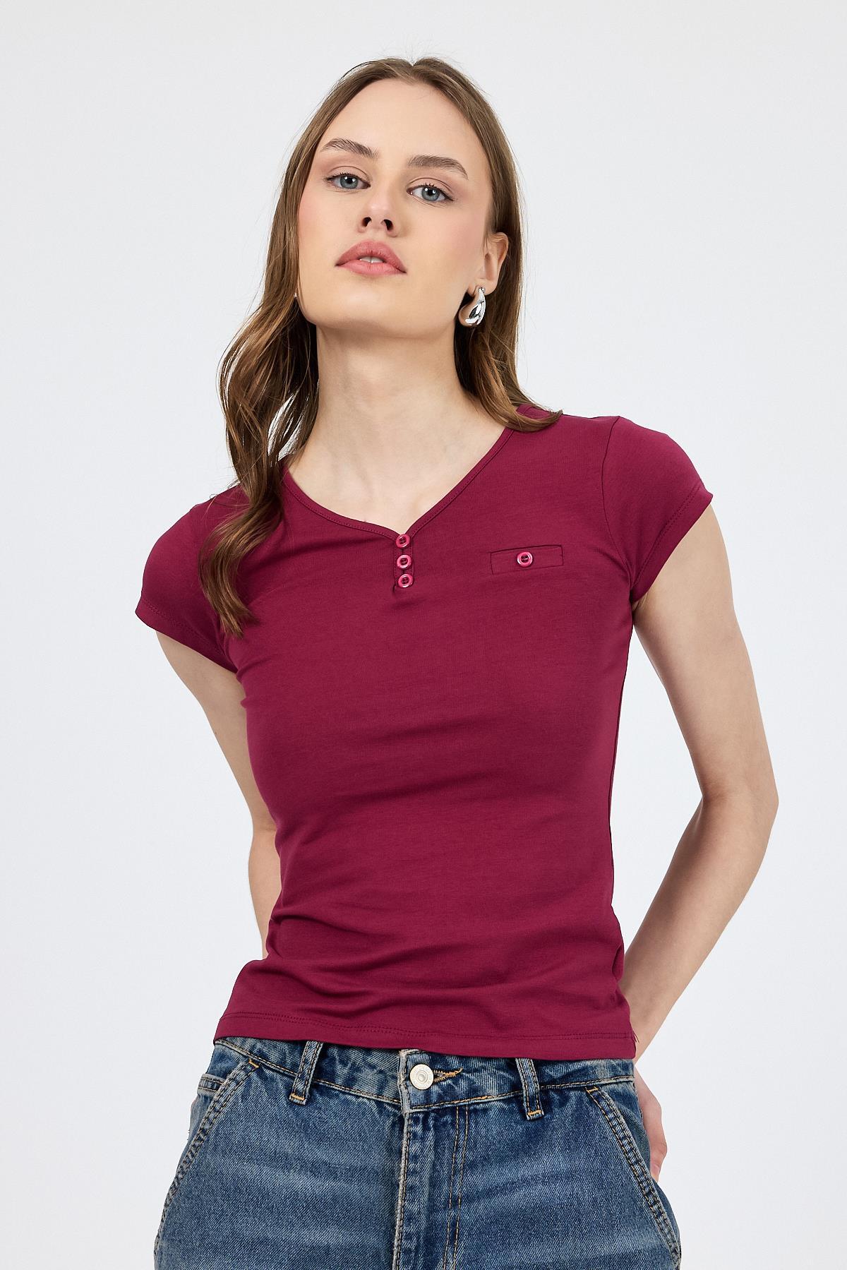 Bordo V Yaka Düğmeli Cep Detaylı Slim Fit Tişört 2213 - RAYS