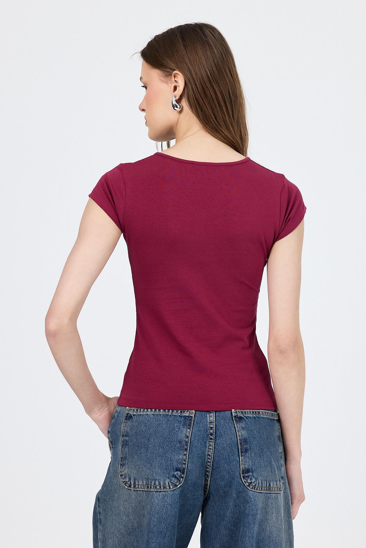 Bordo V Yaka Düğmeli Cep Detaylı Slim Fit Tişört 2213 - 5