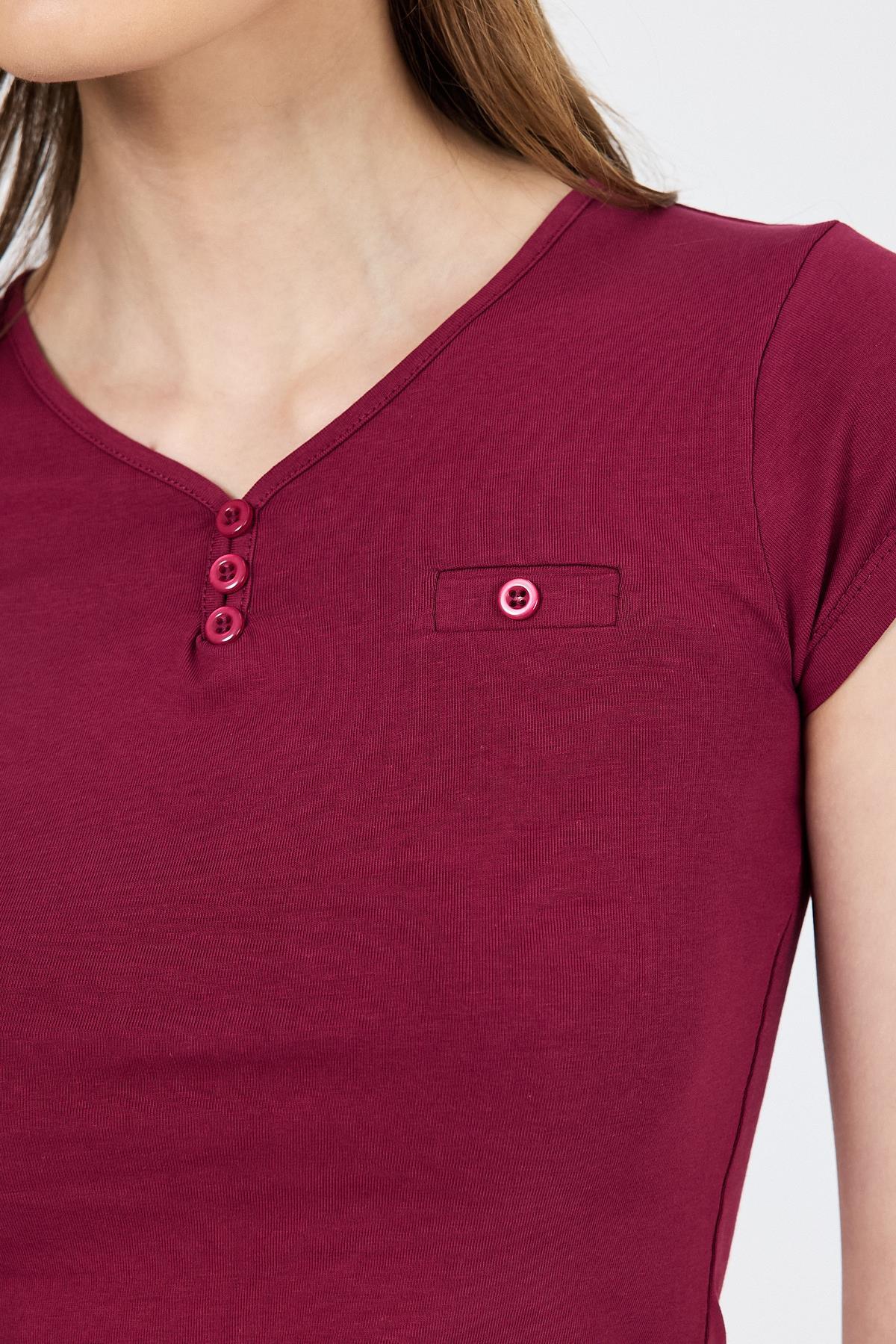 Bordo V Yaka Düğmeli Cep Detaylı Slim Fit Tişört 2213 - RAYS