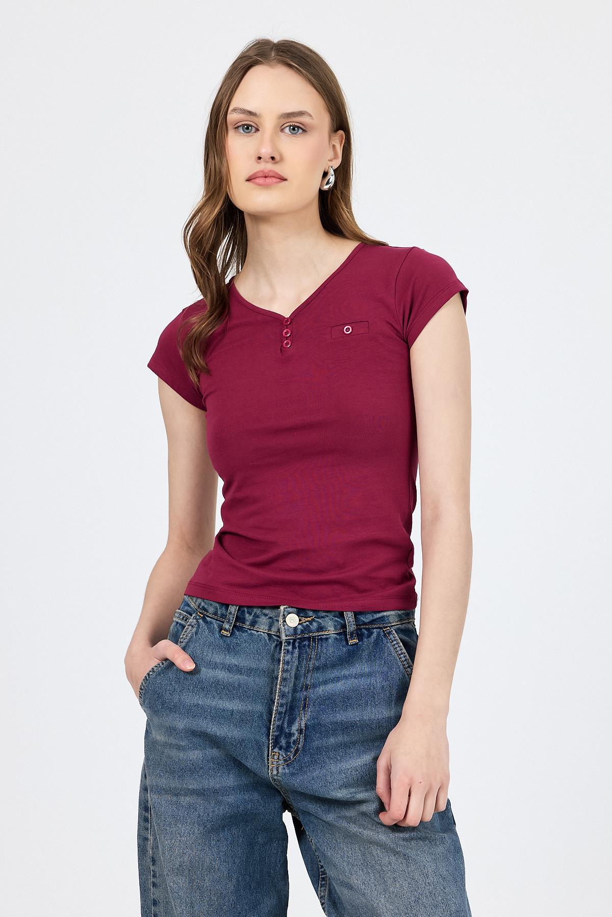 Bordo V Yaka Düğmeli Cep Detaylı Slim Fit Tişört 2213 - RAYS
