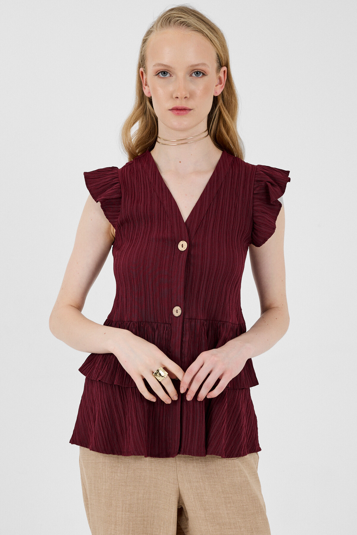 Bordo V Yaka Düğmeli Fırfır Kol Bluz 8052A - 6