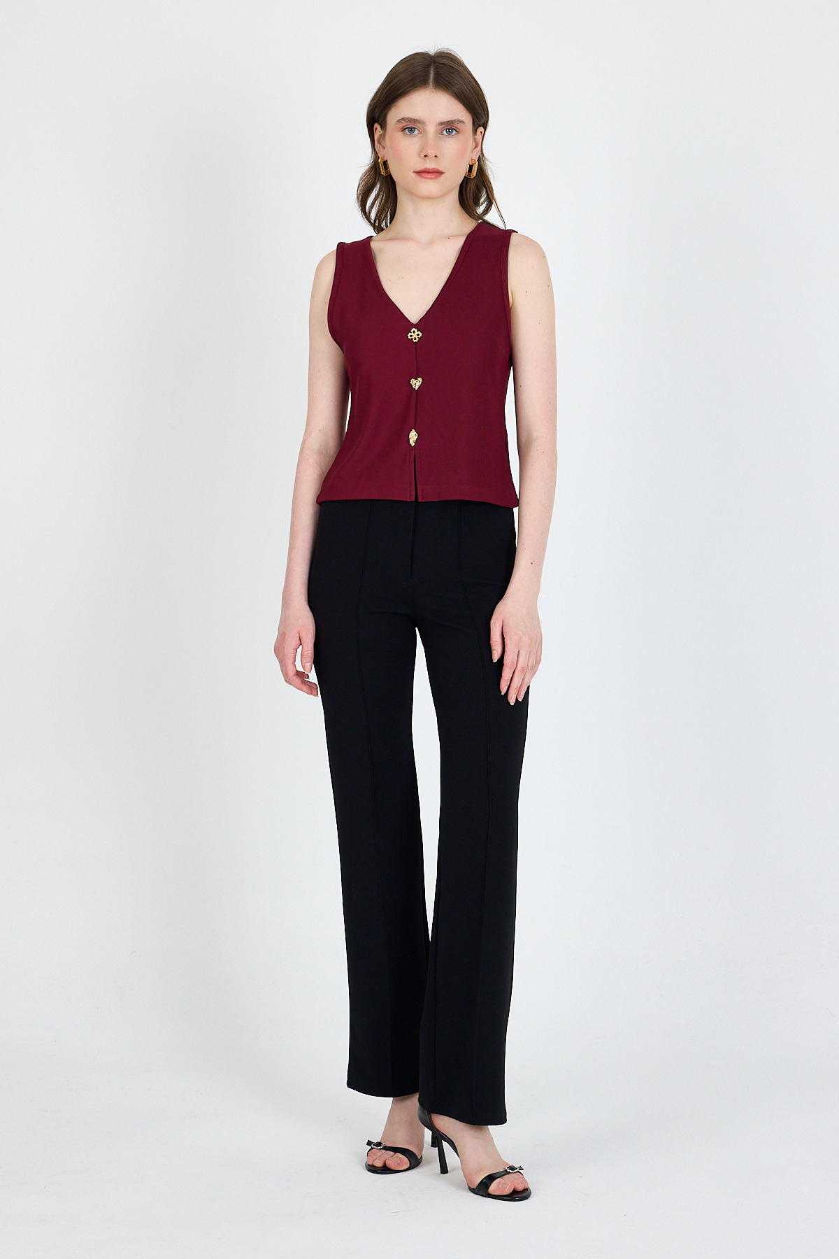 Bordo V Yaka Düğmeli Kolsuz Bluz 019 - 3