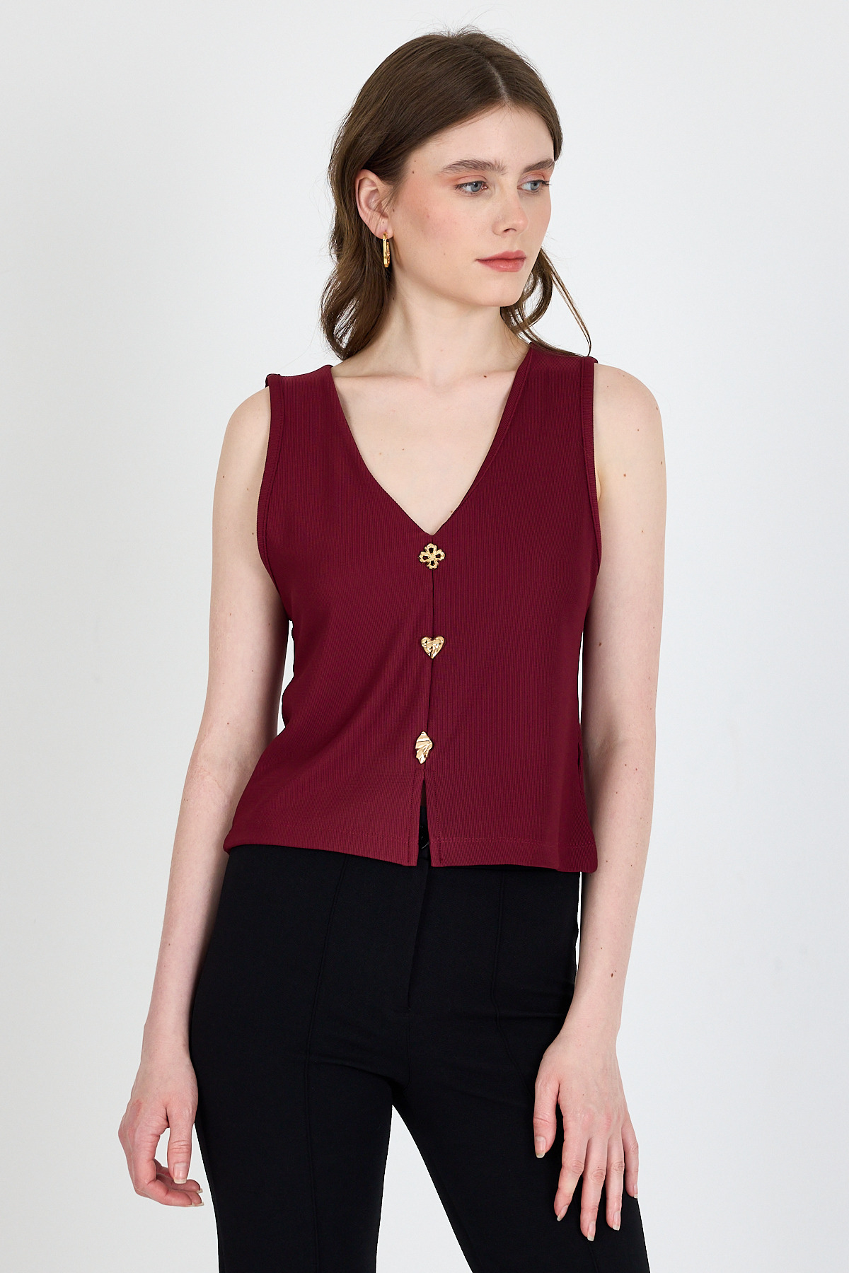 Bordo V Yaka Düğmeli Kolsuz Bluz 019 - RAYS