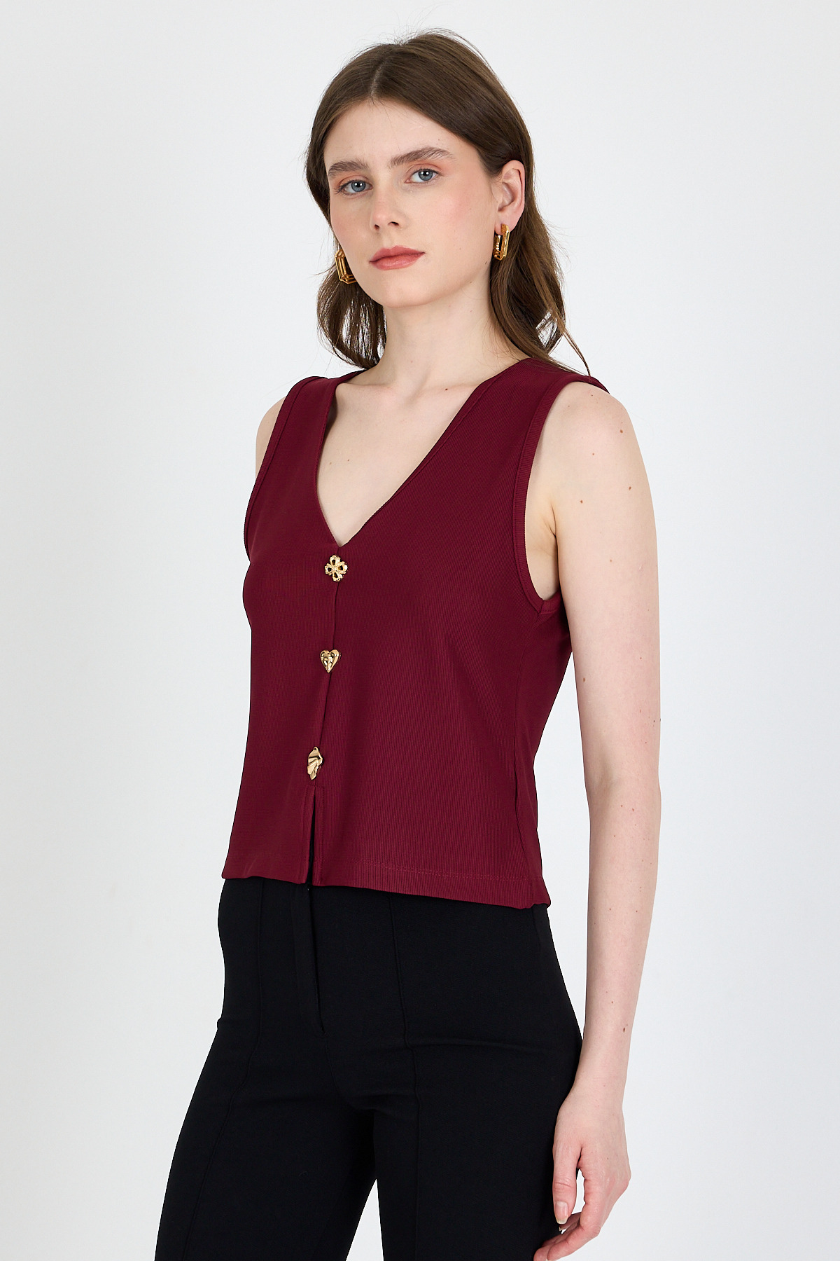 Bordo V Yaka Düğmeli Kolsuz Bluz 019 - 2