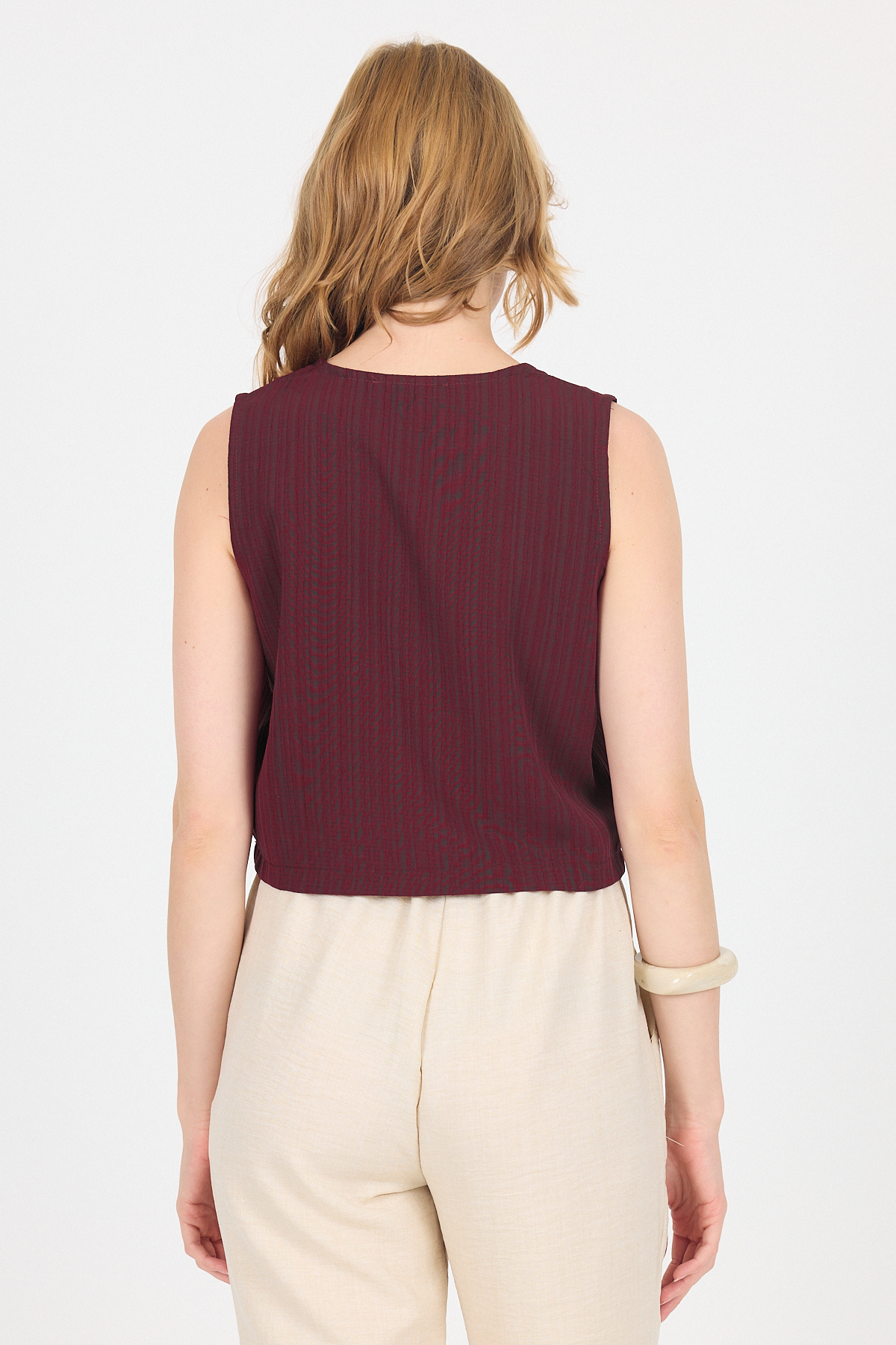 Bordo V Yaka Kolsuz Crop Bluz 8027 - 5