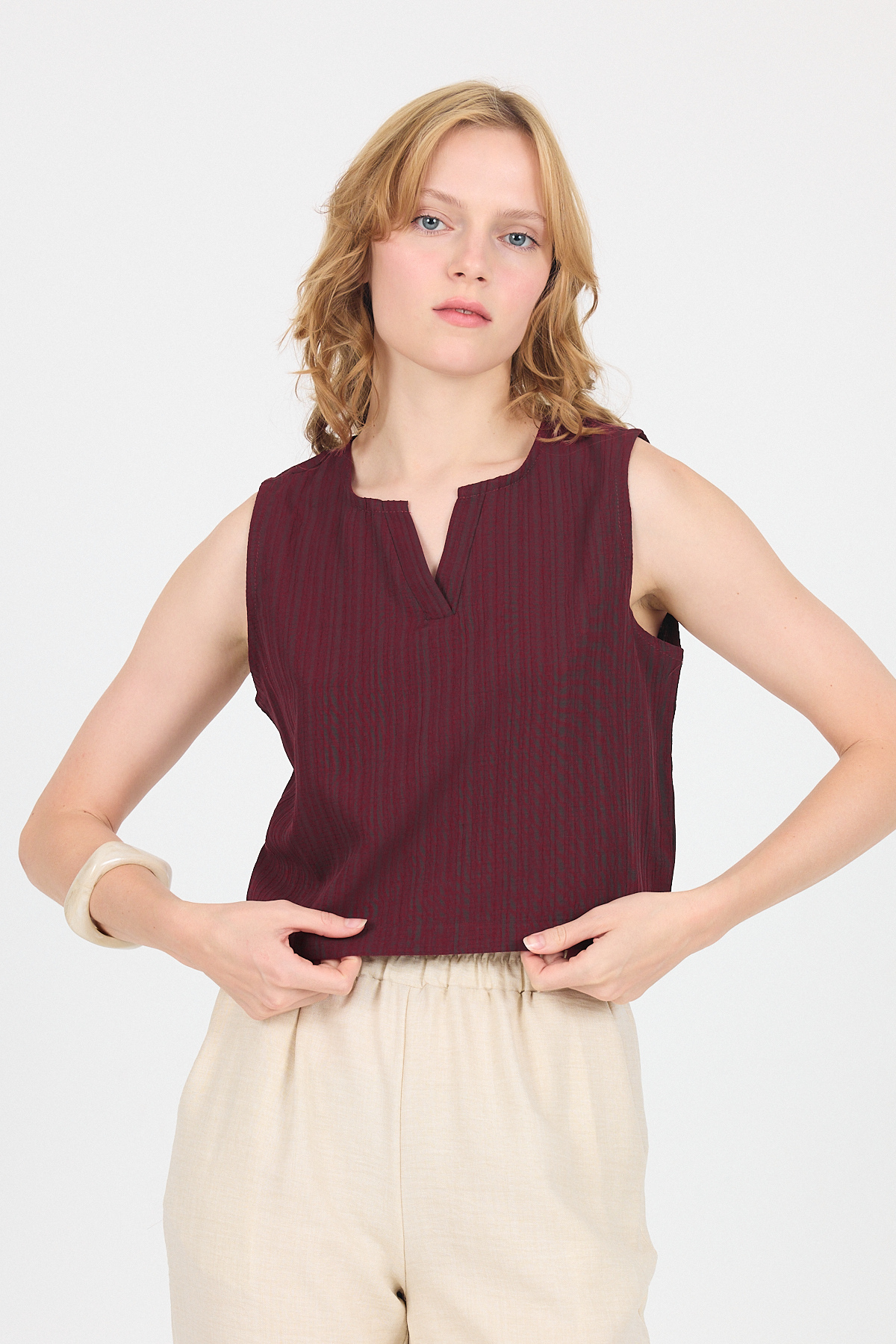 Bordo V Yaka Kolsuz Crop Bluz 8027 - 7