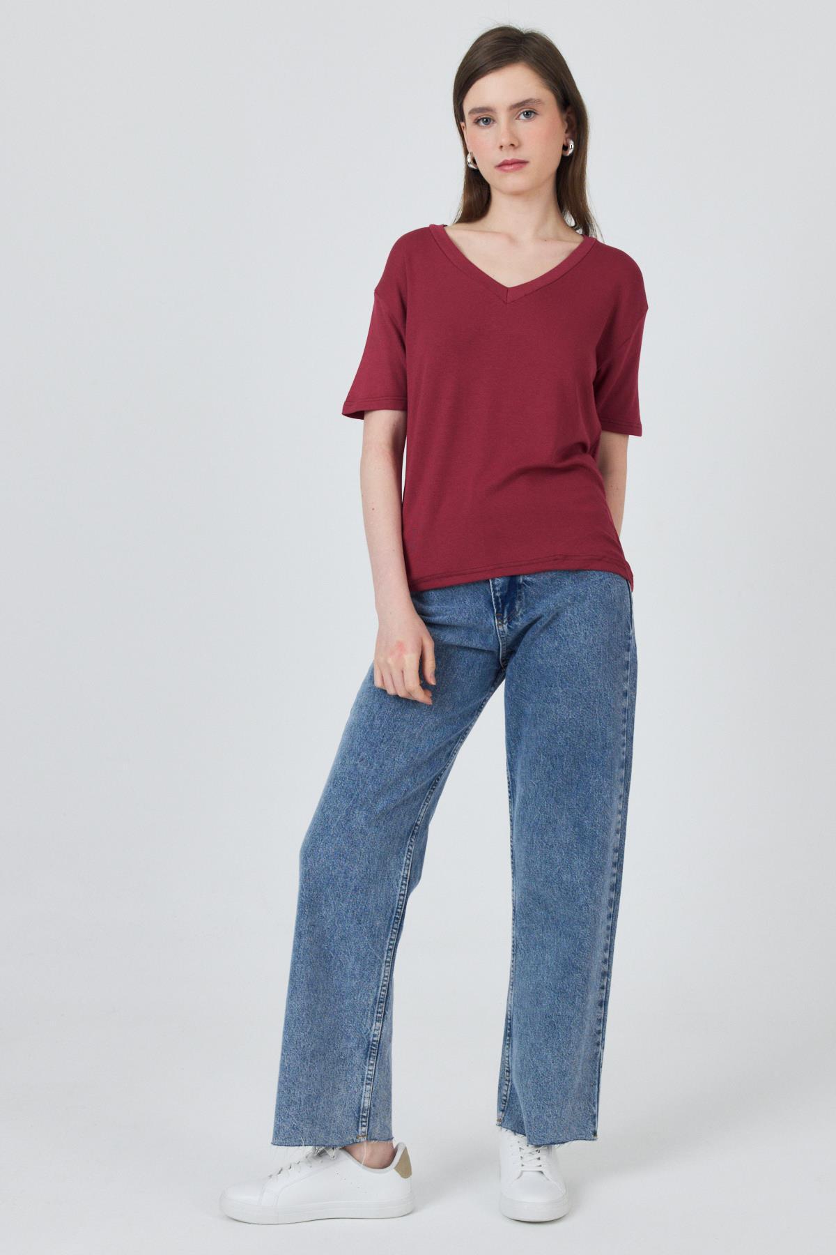 Bordo V Yaka Viskoz/Yumuşak Kumaş Dökümlü Tişört 3077 - RAYS